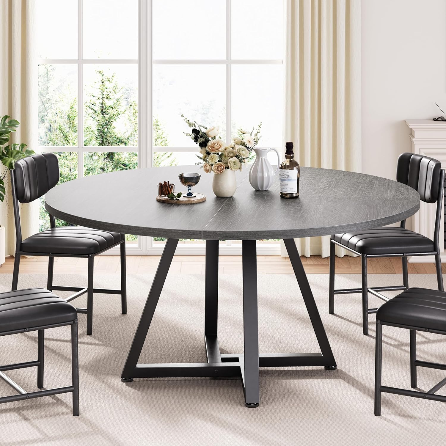 Jocoevol 42“ Round Kitchen Dining Room Table for 2-4, Circle Dining Dinner Table with Pedestal Metal Frame, Space Saving Wood Industrial Furniture for Small Space (Grey, 42IN)