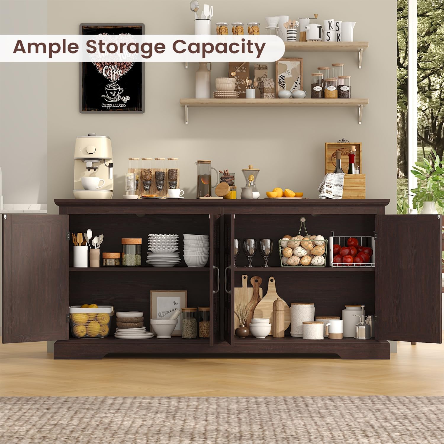 70" Sideboard Buffet Cabinet with Storage, Coffee Bar Cabinet with and 4 Doors, Long Wider Storage Cabinet Modern Farmhouse, Brown Wood, for Kitchen, Dining Room, Living Room
