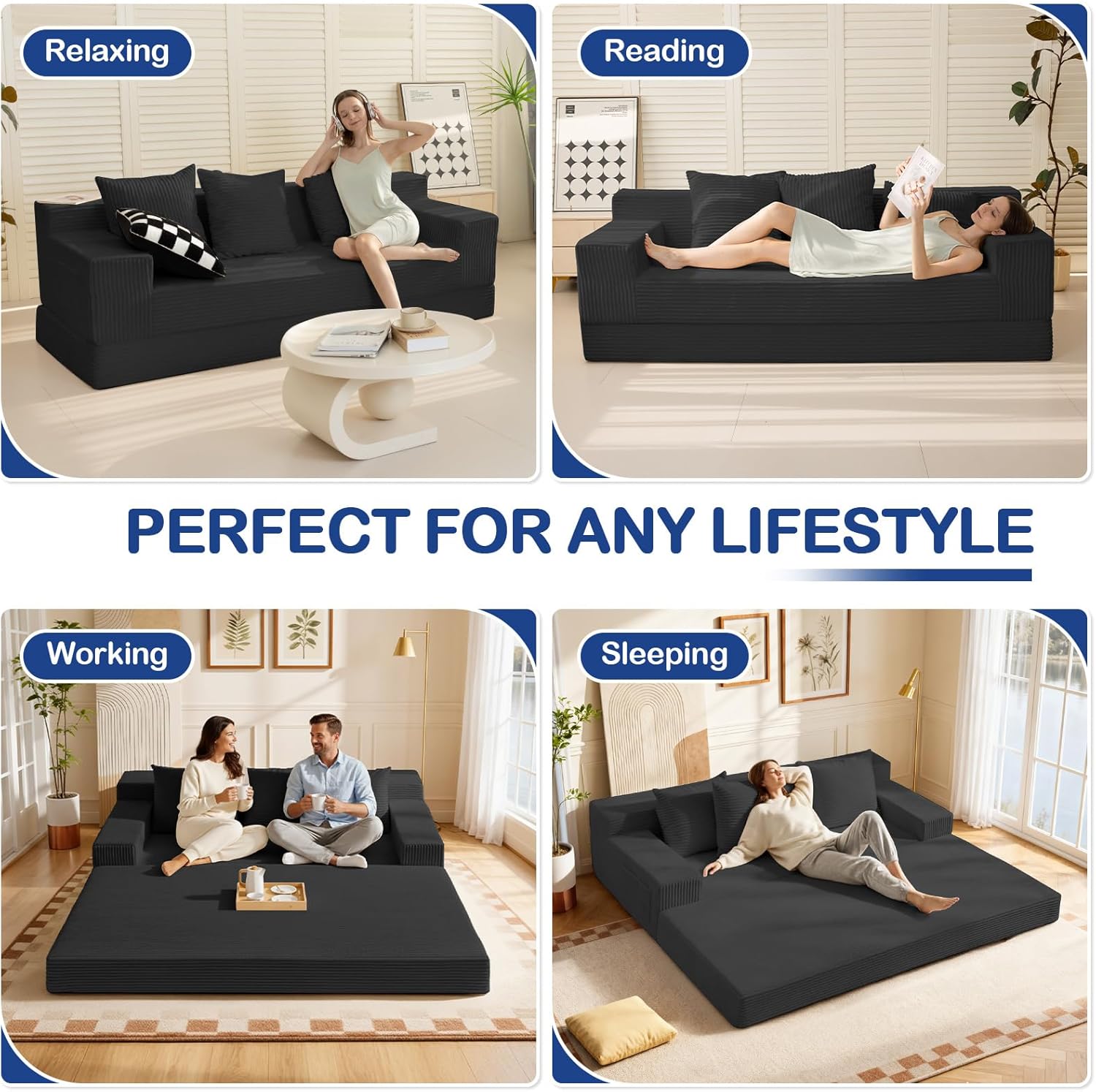 2 in 1 Convertible Boneless Couch Bed, Corduroy futon Sofa Bed, Compression Folding Floor Couch Sofas Bed with 3 Pillows for Bedroom, Small Space Guest and Living Room Sofa (Black, 78 Inches)