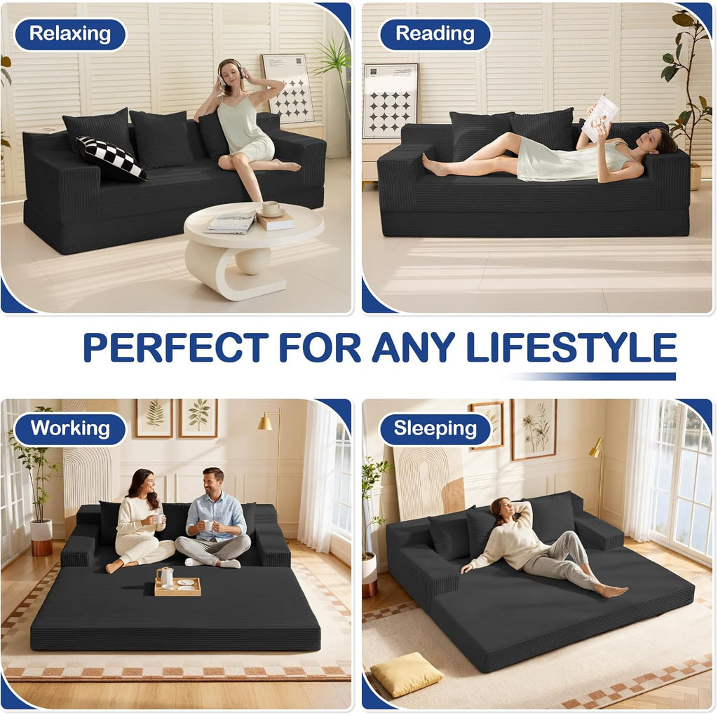 2 in 1 Convertible Boneless Couch Bed, Corduroy futon Sofa Bed, Compression Folding Floor Couch Sofas Bed with 3 Pillows for Bedroom, Small Space Guest and Living Room Sofa (Black, 78 Inches)
