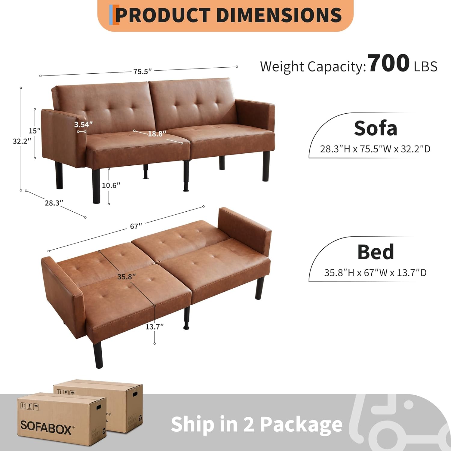 Garvee 75.5" Convertible Futon Sofa Bed, PU Leather Upholstered Futon Couch with Strong Legs, Mid Century Modern Sleeper Sofa, Comfy Loveseat for Living Room, Bedroom, Dorm, Brown