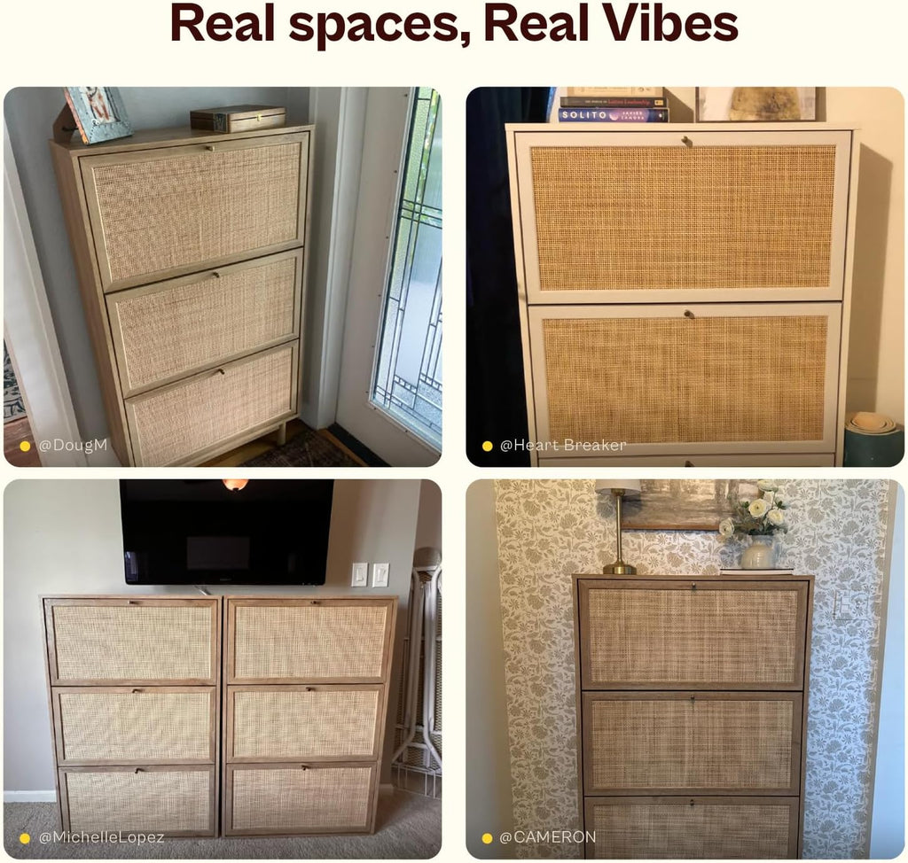 mopio Hannah Shoe Cabinet, Natural Rattan Farmhouse Shoe Storage Organizer, 3 Door Closet Rack for Entryway, Spacious Hallway Storage Cabinet with Doors & Shelves, Sturdy Solid Wood Legs (Whitewash)