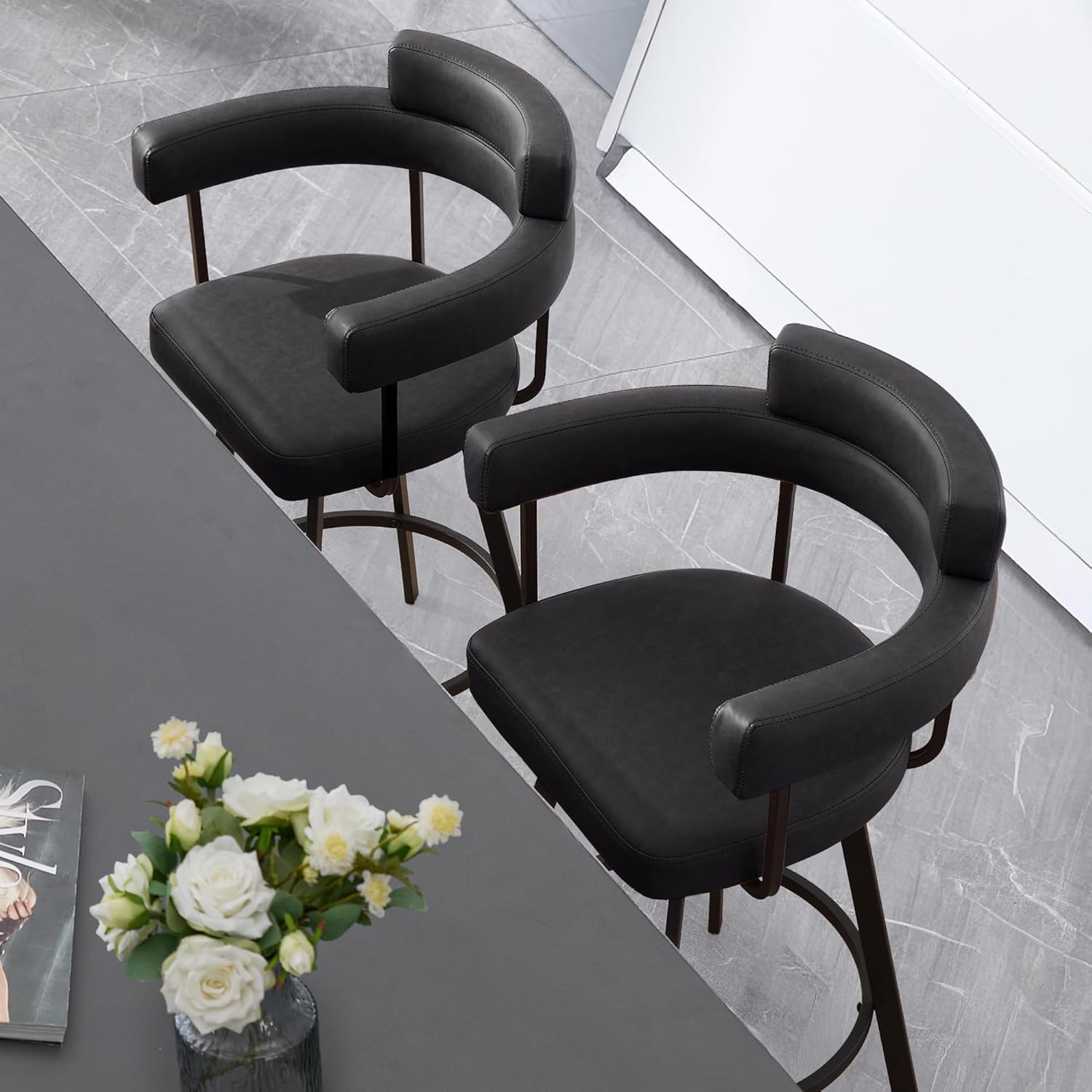 26'' Swivel Counter Height Stools with Round Back, Faux Leather Upholstered Bar Stools with Metal Legs, Armrest, Modern Counter Stools for Kitchen Island, Dining Room (Black, Set of 2)