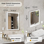 Beveled Lighted Medicine Cabinet with Mirror & Lights -20x26 Surface or Recessed Mirrored Medicine Cabinet with Outlet & Clock, Anti-Fog Dimmable LED Storage Cabinet, Built-in Sensor Light