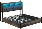King Bed Frame with 3-Tier Storage Headboard, LED & Charging Station Metal Platform Bed with 4 Storage Drawers, Hidden Areas, Noise-Free/No Box Spring Needed/Metal Support,Rustic Grey