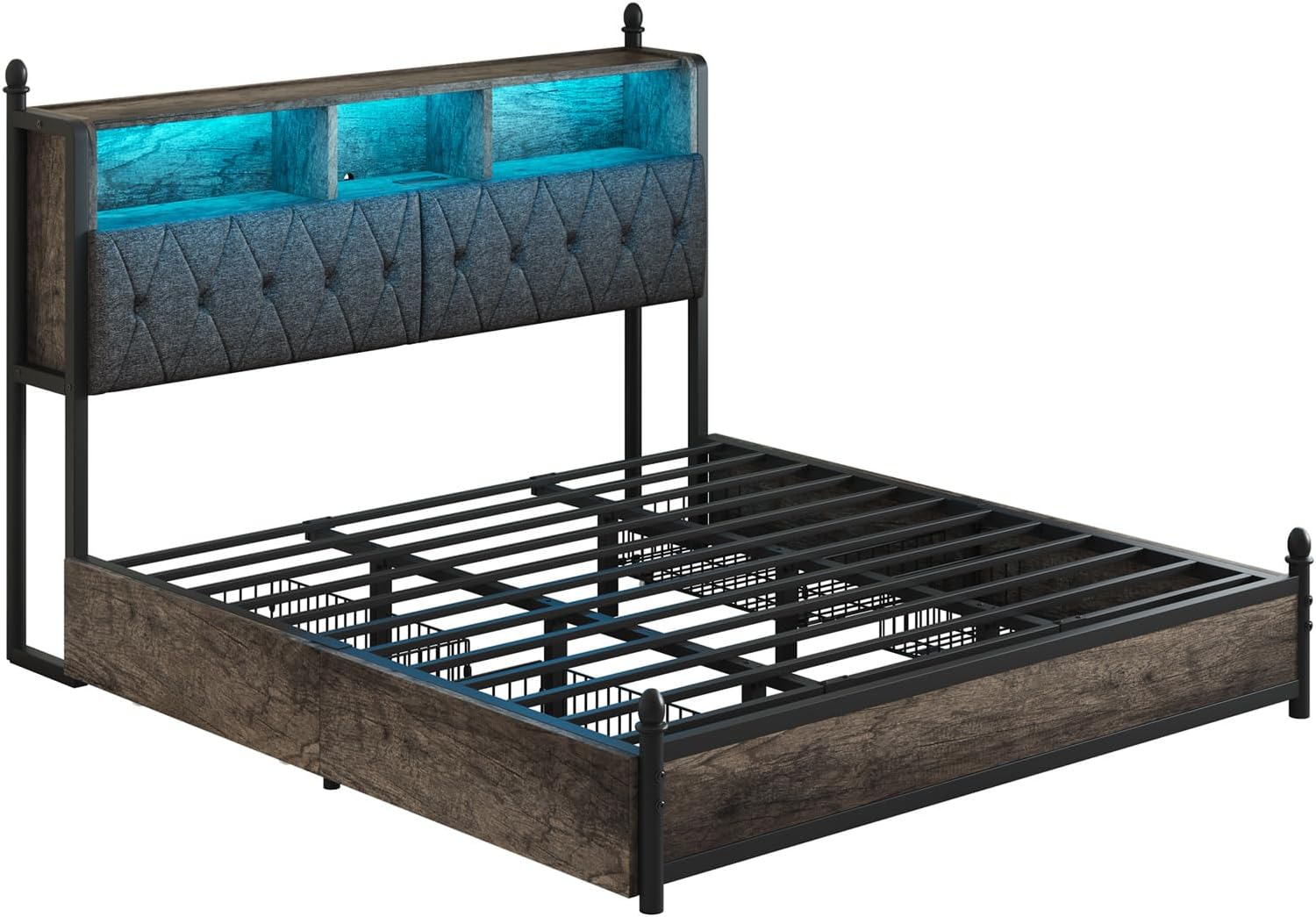King Bed Frame with 3-Tier Storage Headboard, LED & Charging Station Metal Platform Bed with 4 Storage Drawers, Hidden Areas, Noise-Free/No Box Spring Needed/Metal Support,Rustic Grey