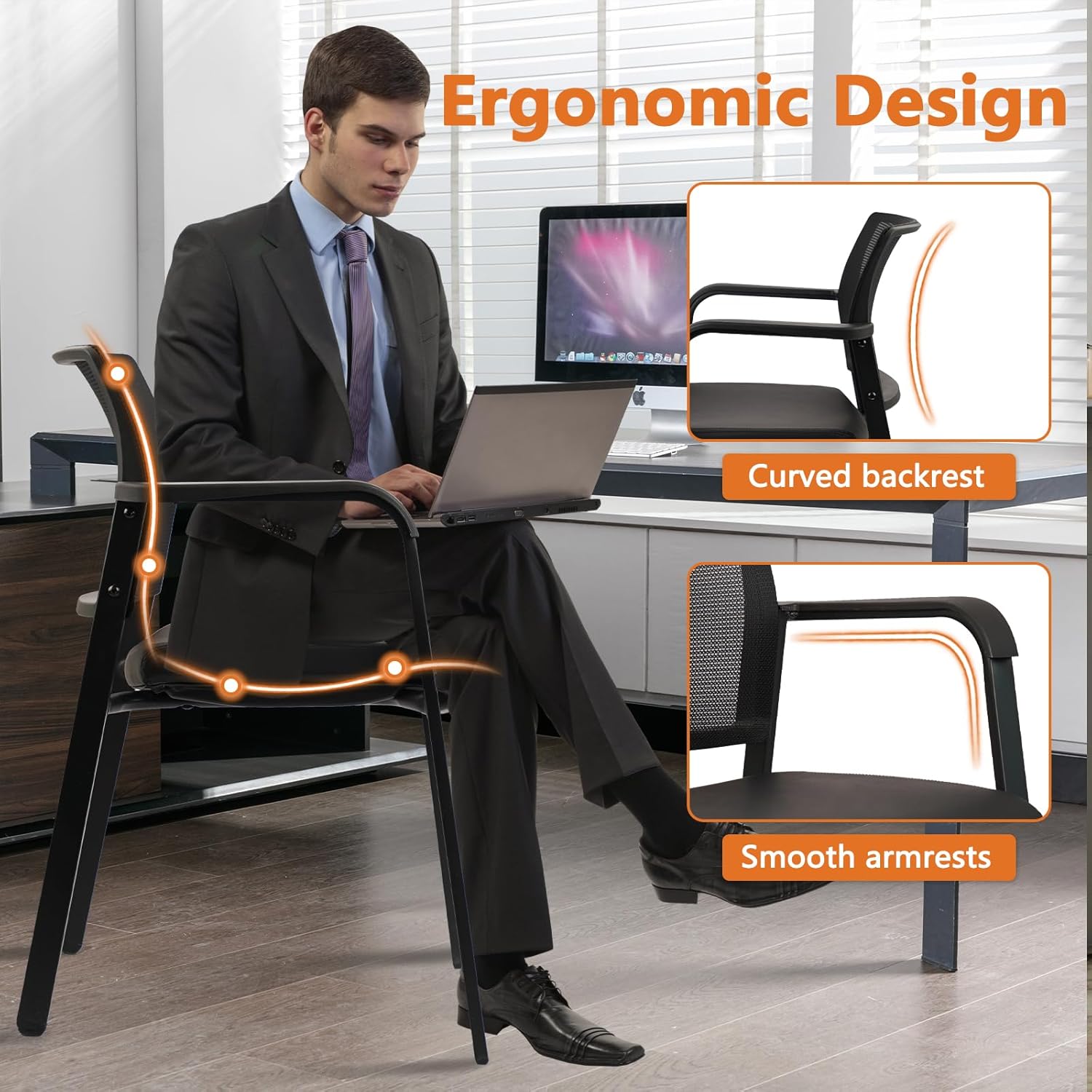 CLATINA Stackable Office Chair, Mesh Back Guest Chairs with Comfortable Leather Seat Arms Stacking Ergonomic Desk Chair No Wheels for Conference Waiting Reception School Stationary, Set of 4, Black