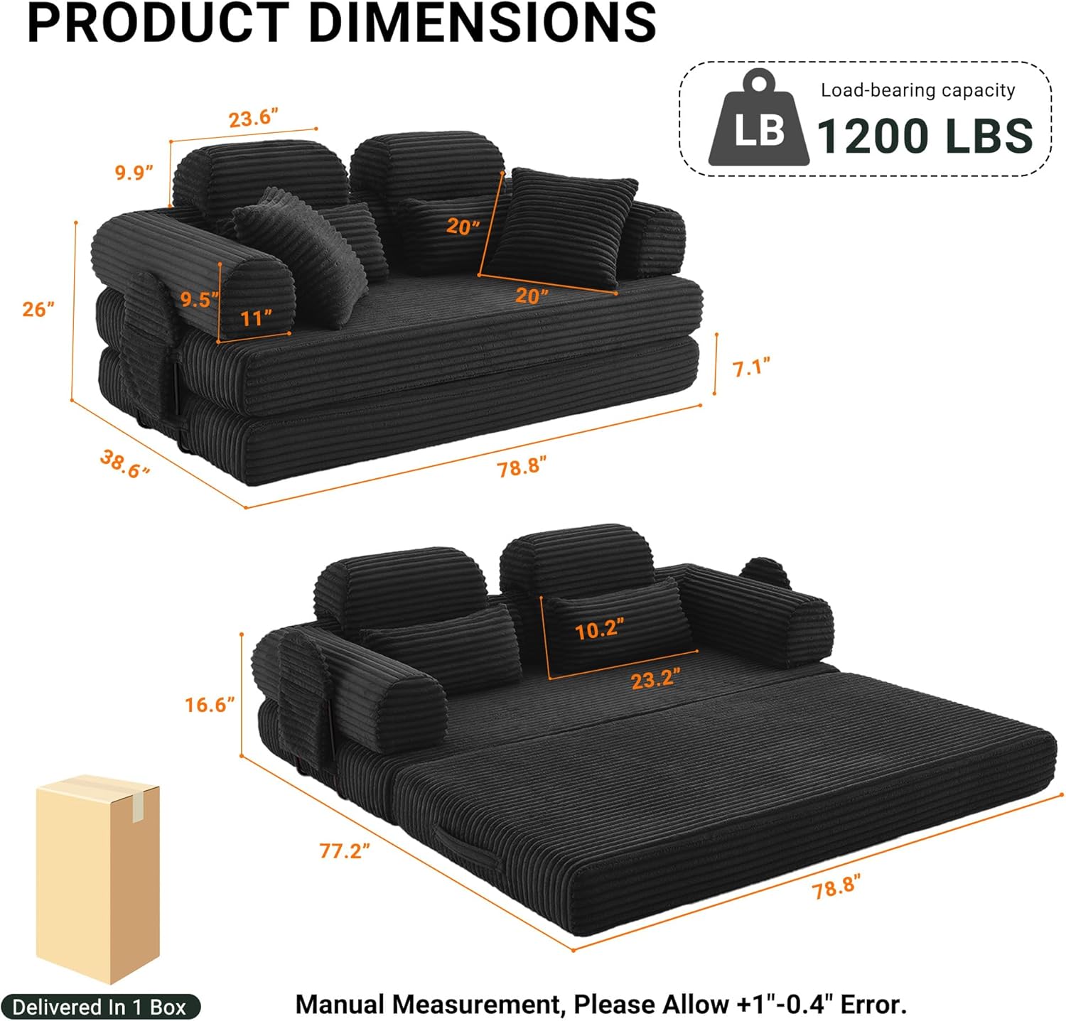 79" Boneless Couch with High Backrest Headrest, Comfy Modular Foldable Floor Sleeper Sofa, 5-in-1 Convertible Sofa Bed for Living Room, Bedroom, Lounge, Studio, Black
