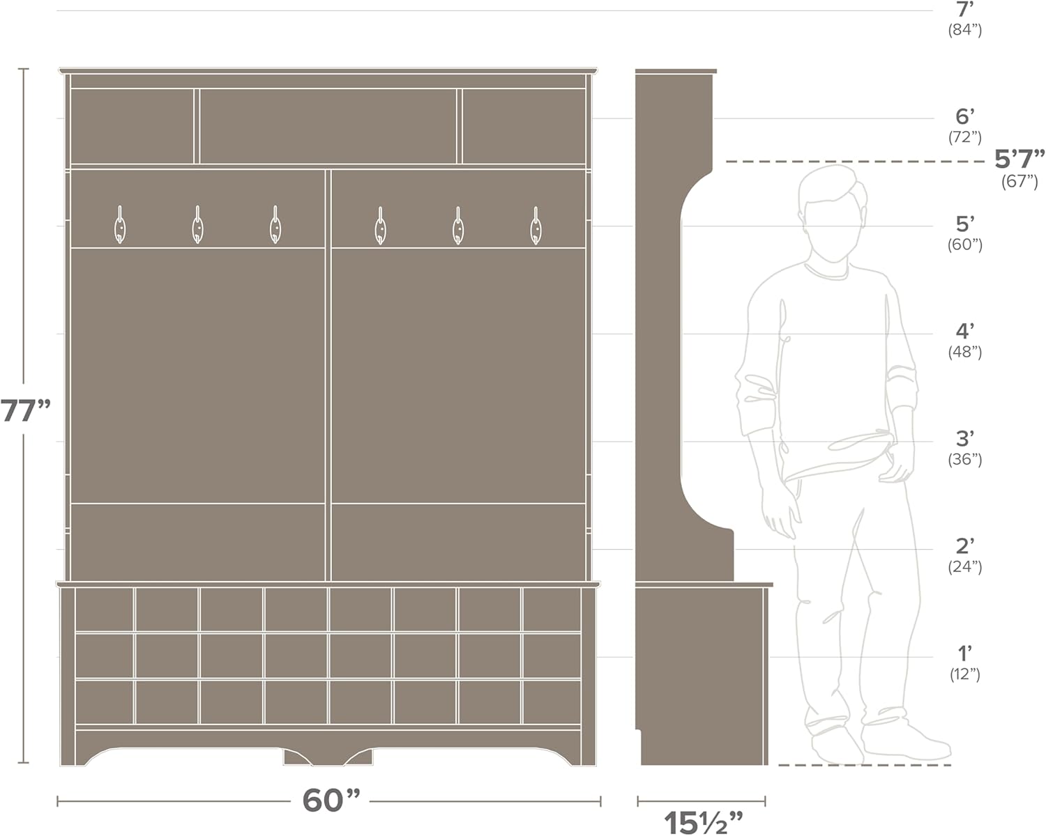 Prepac Gray Hall Tree, Shoe Cabinet, Storage Cabinet with 24 Shoe Cubbies and 6 Double Coat Hooks 15.5" D x 60" W x 77" H