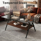 Casaphoria Rectangle Coffee Table for Living Room, Industrial 2-Tier Center Table with Gray Tempered Glass Top & Brown MDF Storage Shelf, Metal Legs, 220 lbs Weight Capacity (38.6")