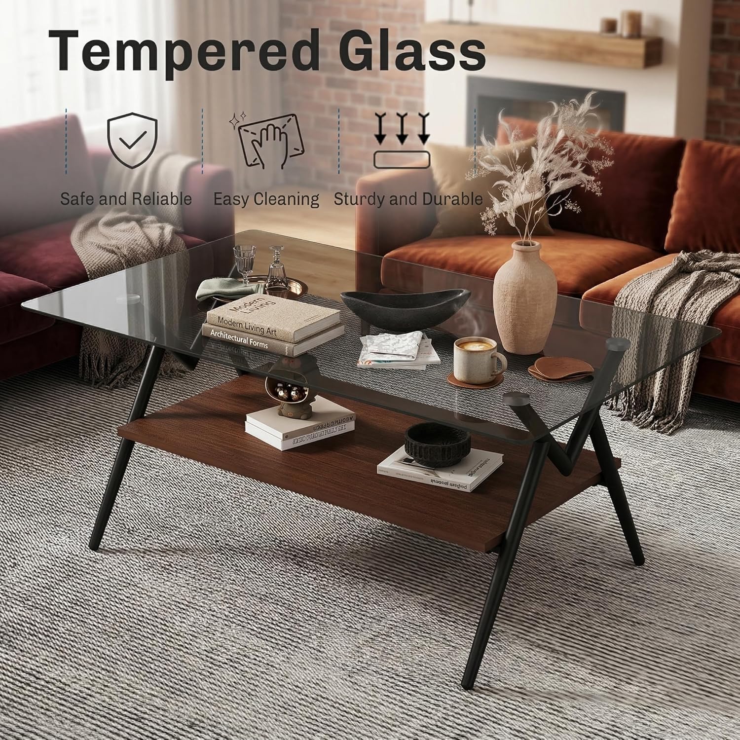 Casaphoria Rectangle Coffee Table for Living Room, Industrial 2-Tier Center Table with Gray Tempered Glass Top & Brown MDF Storage Shelf, Metal Legs, 220 lbs Weight Capacity (38.6")