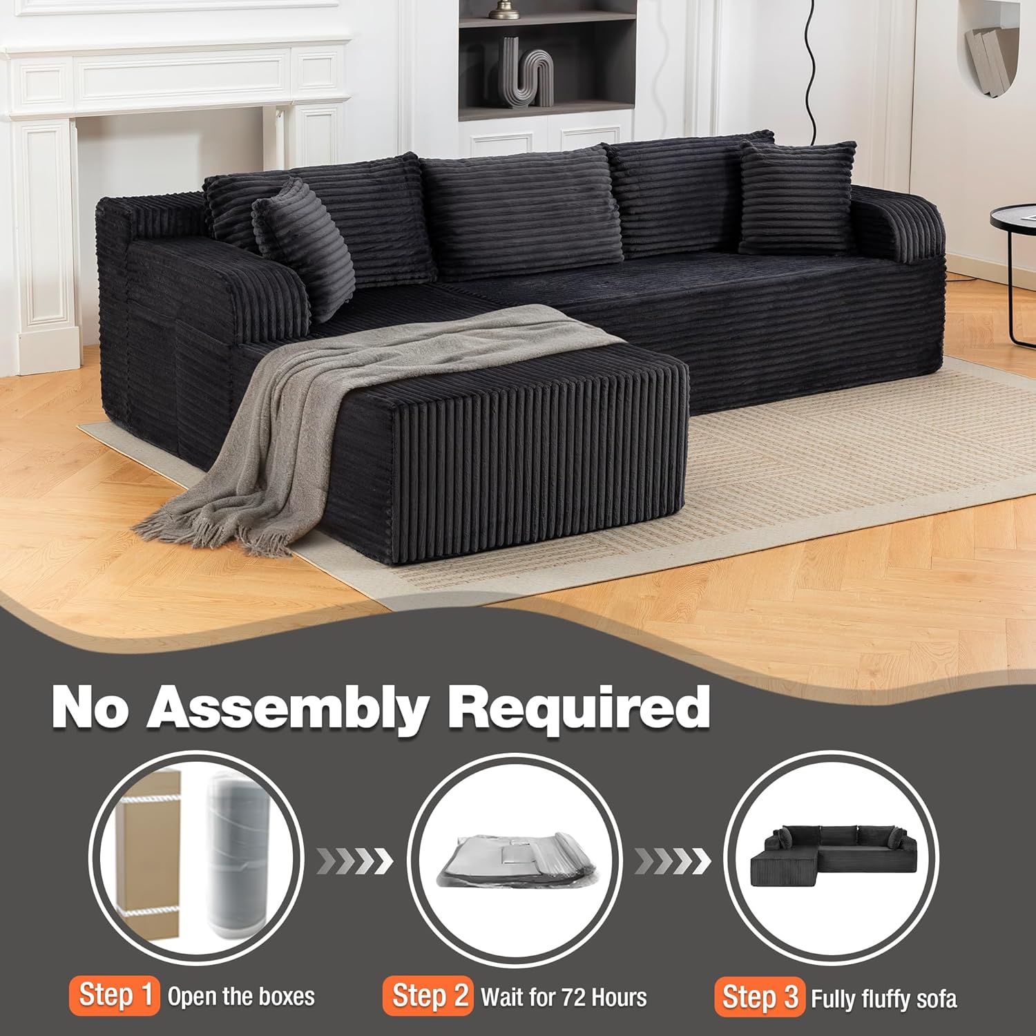 106” Cloud Modular Sectional Sofa with L-Shape Chaise and Deep Seat, Corduroy Memory Foam Boneless Compressed Couch for Living Room, No Assembly Required(Left Facing Chaise, Dark Grey)