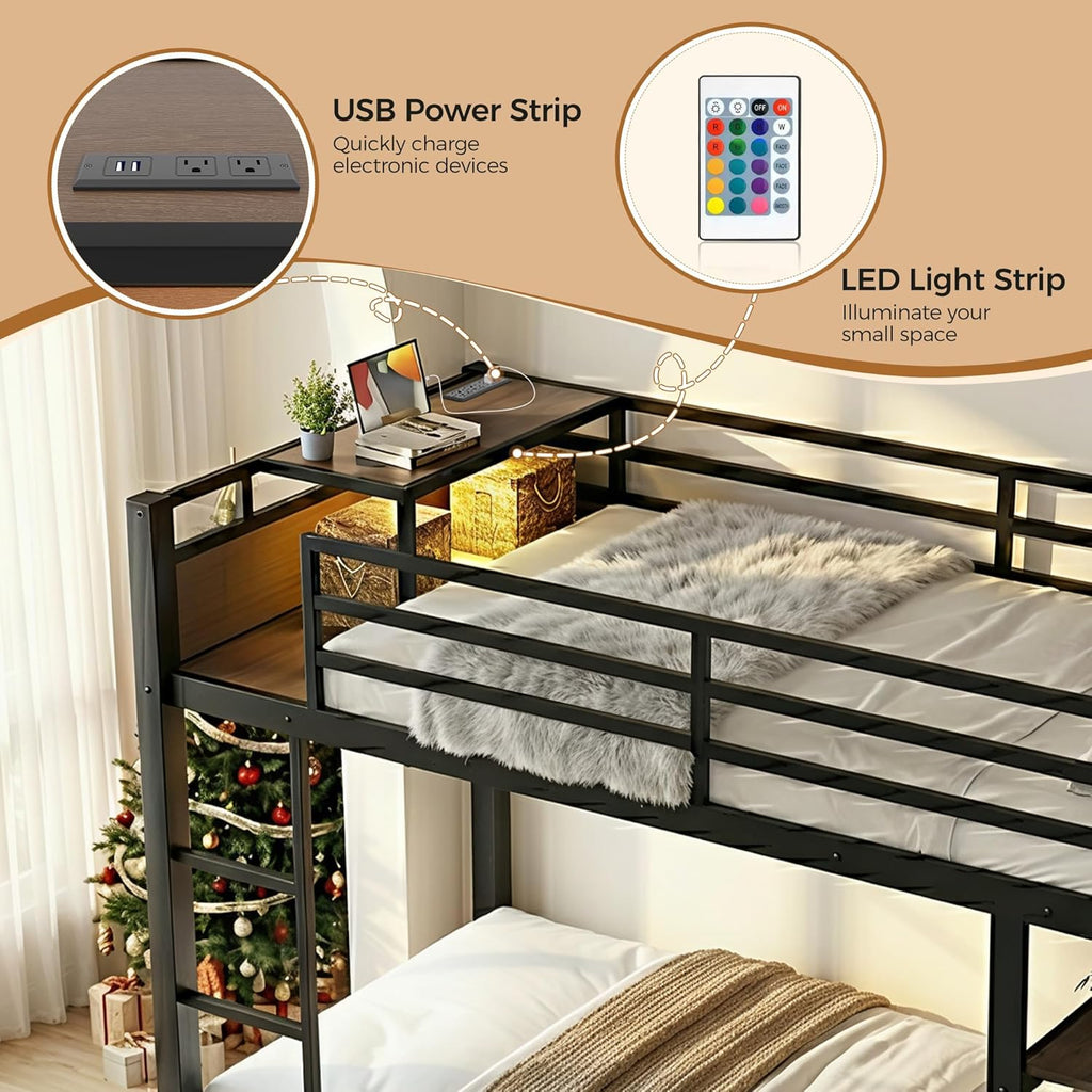 Bunk Bed Twin Over Twin with Stairs, LED Lights, 2 Storage Drawers, USB Charging, Industrial Bunk Beds Heavy Duty Metal Bed Frame with Safety Guardrail, Space Saving, Sturdy Frame for Teen/Adult