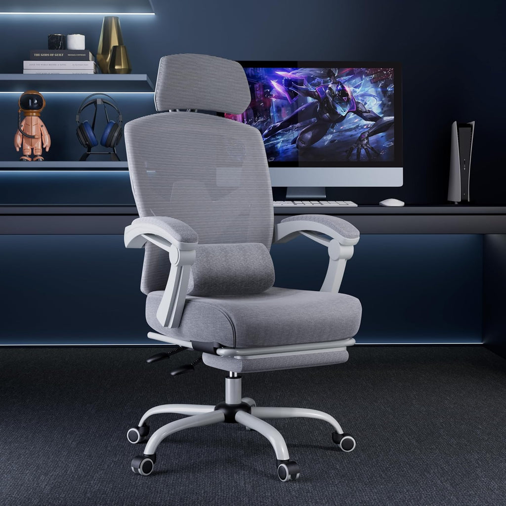 DUMOS Office Desk Computer Chair with Footrest, Ergonomic Mesh Swivel Gaming Chair with Rolling Wheels, Comfortable Headrest, Lumbar Support, Comfy for Home, Office, Task, Student, Elegant Grey