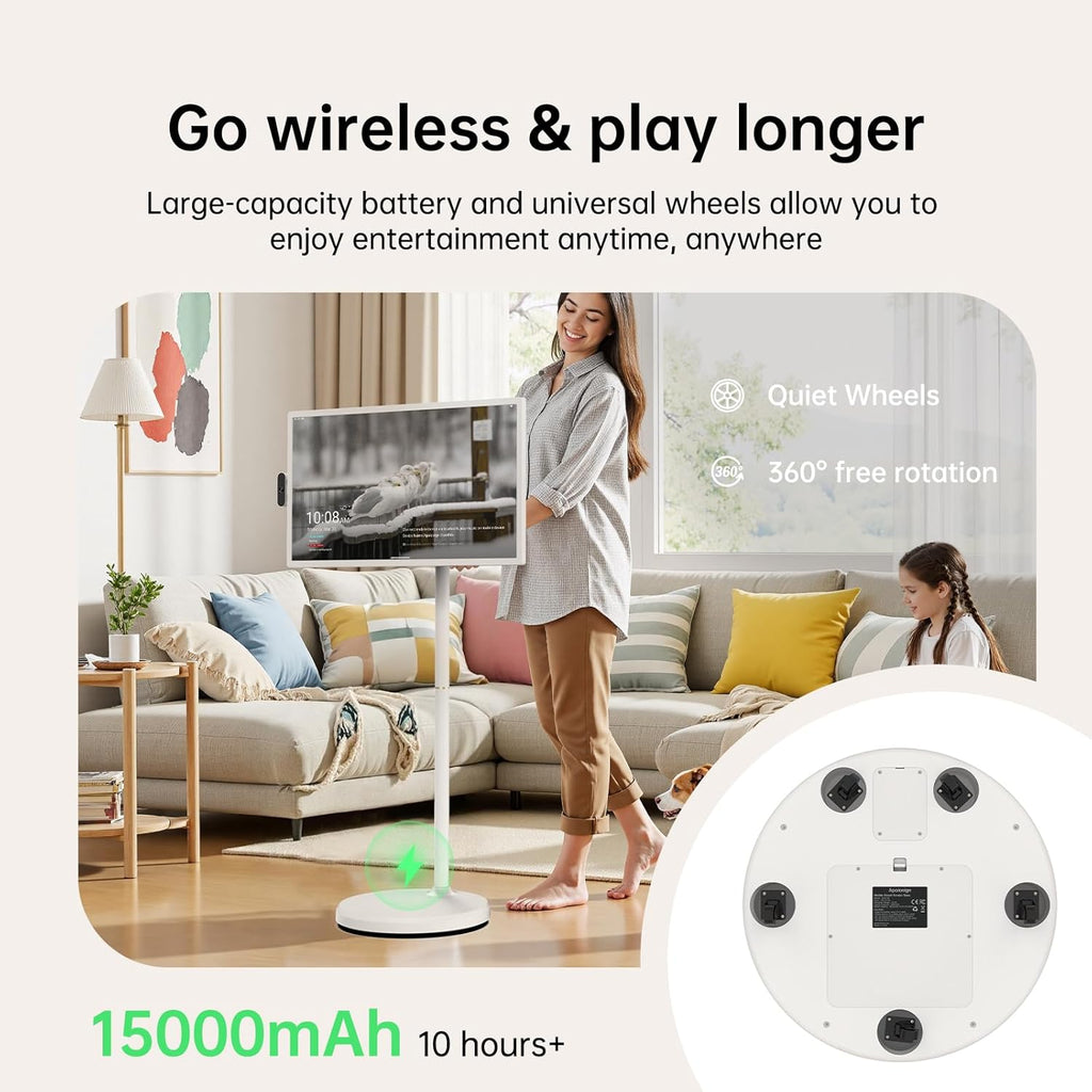 ApoloSign 32 inch UHD 4K Smart Portable TV Gen2  16G +256G Storage  Android 15 OS  15000mAh  Rolling TV on Wheels with Rotatable Touch Screen  Built-in Battery  Full Swivel Rotation  Voice Remote
