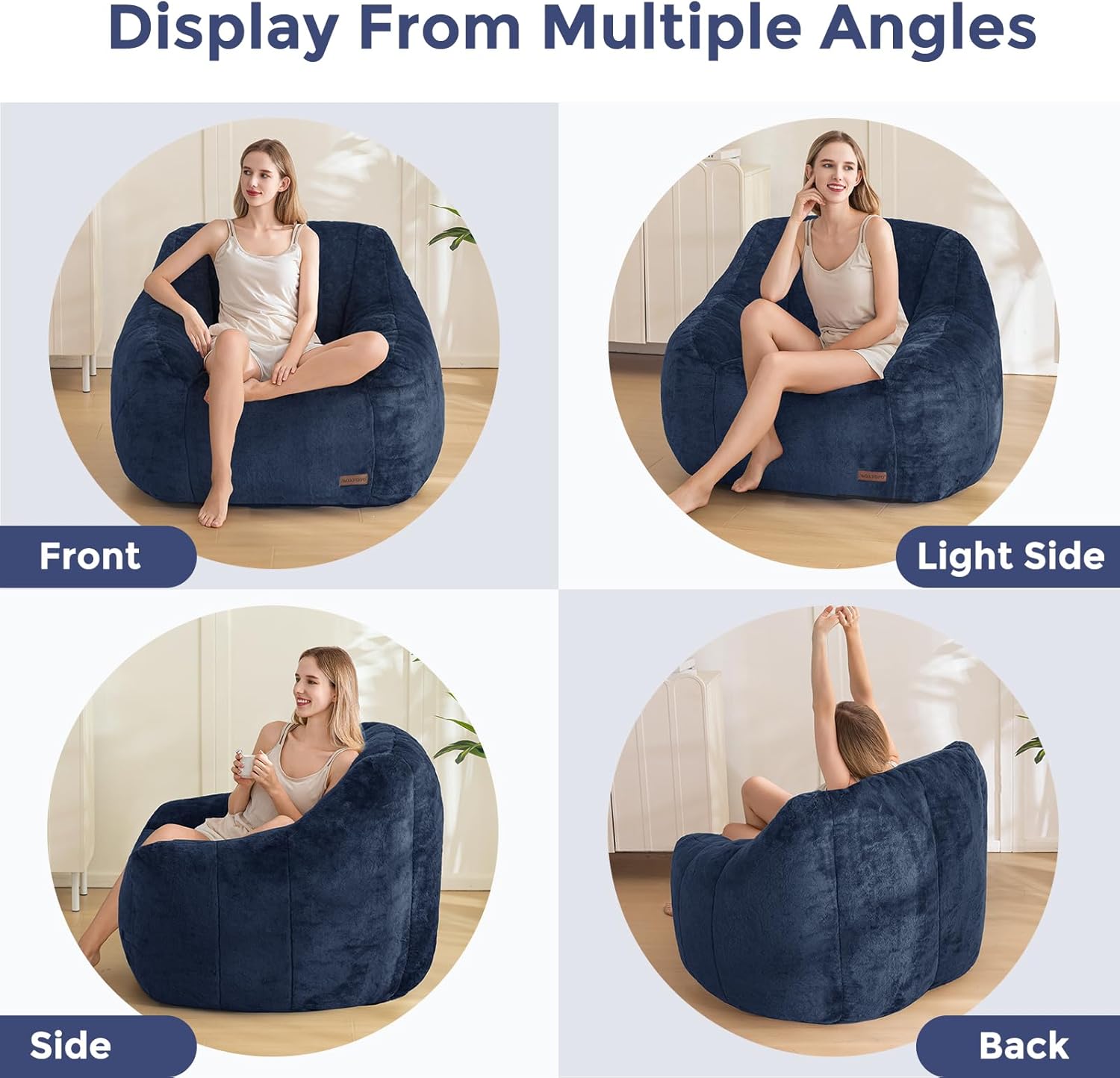 MAXYOYO Bean Bag Chair, Comfy Bean Bag Sofa with Back Support, Faux Fur Bean Bag Chair for Adults and Kids, Stuffed Floor Sofa for Living Room, Bedroom, Apartment, Navy