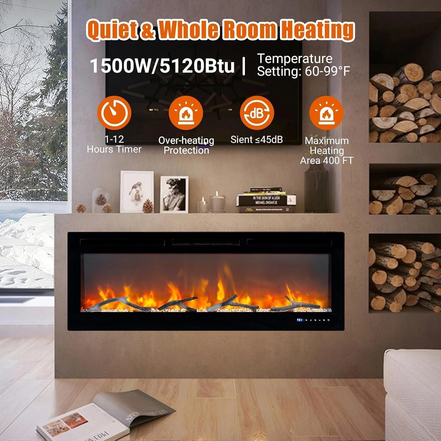 60" Recessed and Wall Mounted Electric Fireplace, Smart WiFi Infrared Electric Fireplace with Remote Control, Adjustable Flame Color, 750/1500W Fireplace Heater and Linear Fireplace, Black