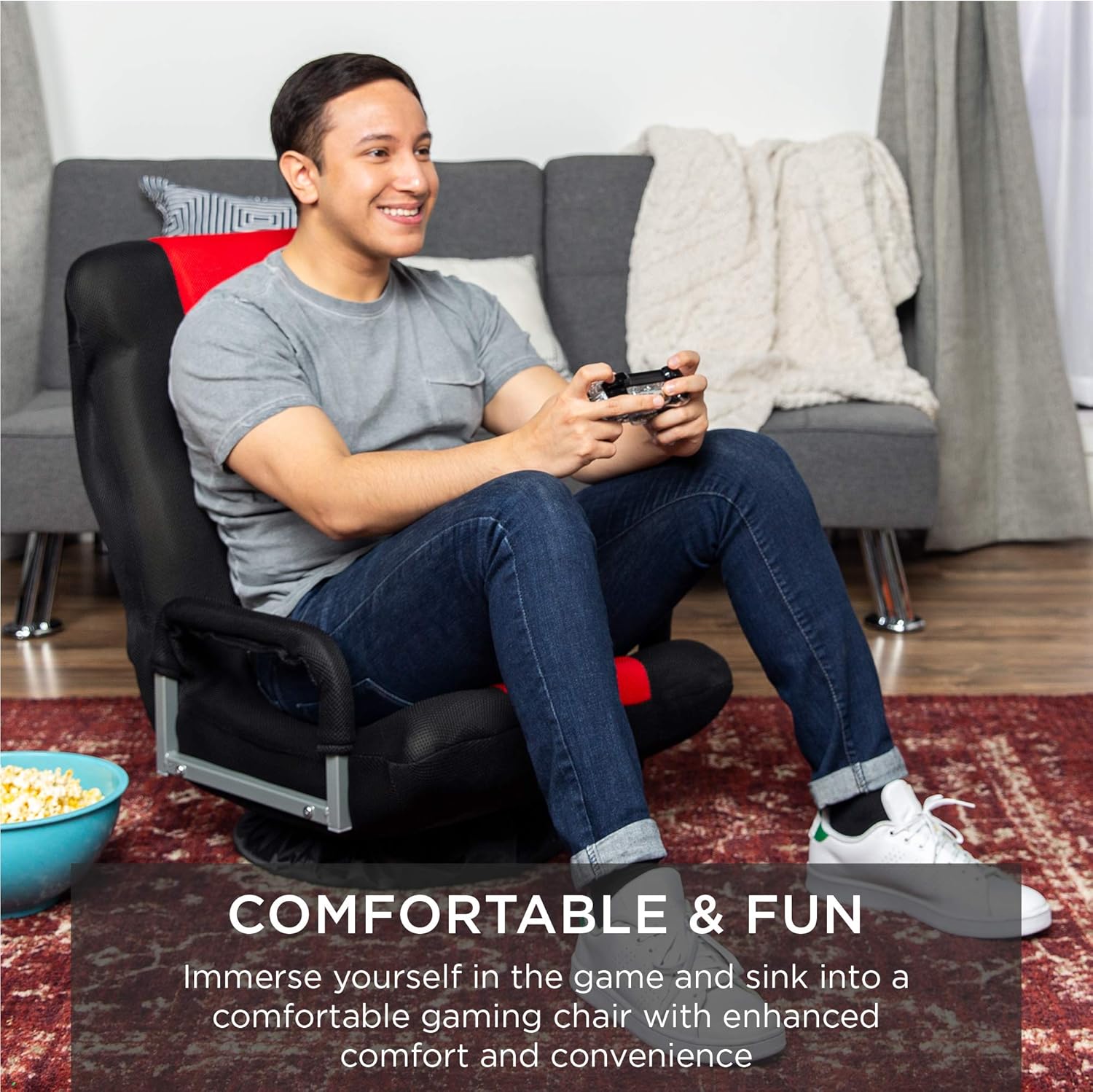 Best Choice Products Swivel Gaming Chair 360 Degree Multipurpose Floor Chair Rocker for TV, Reading, Playing Video Games w/Lumbar Support, Armrest Handles, Adjustable Foldable Backrest - Black/Red