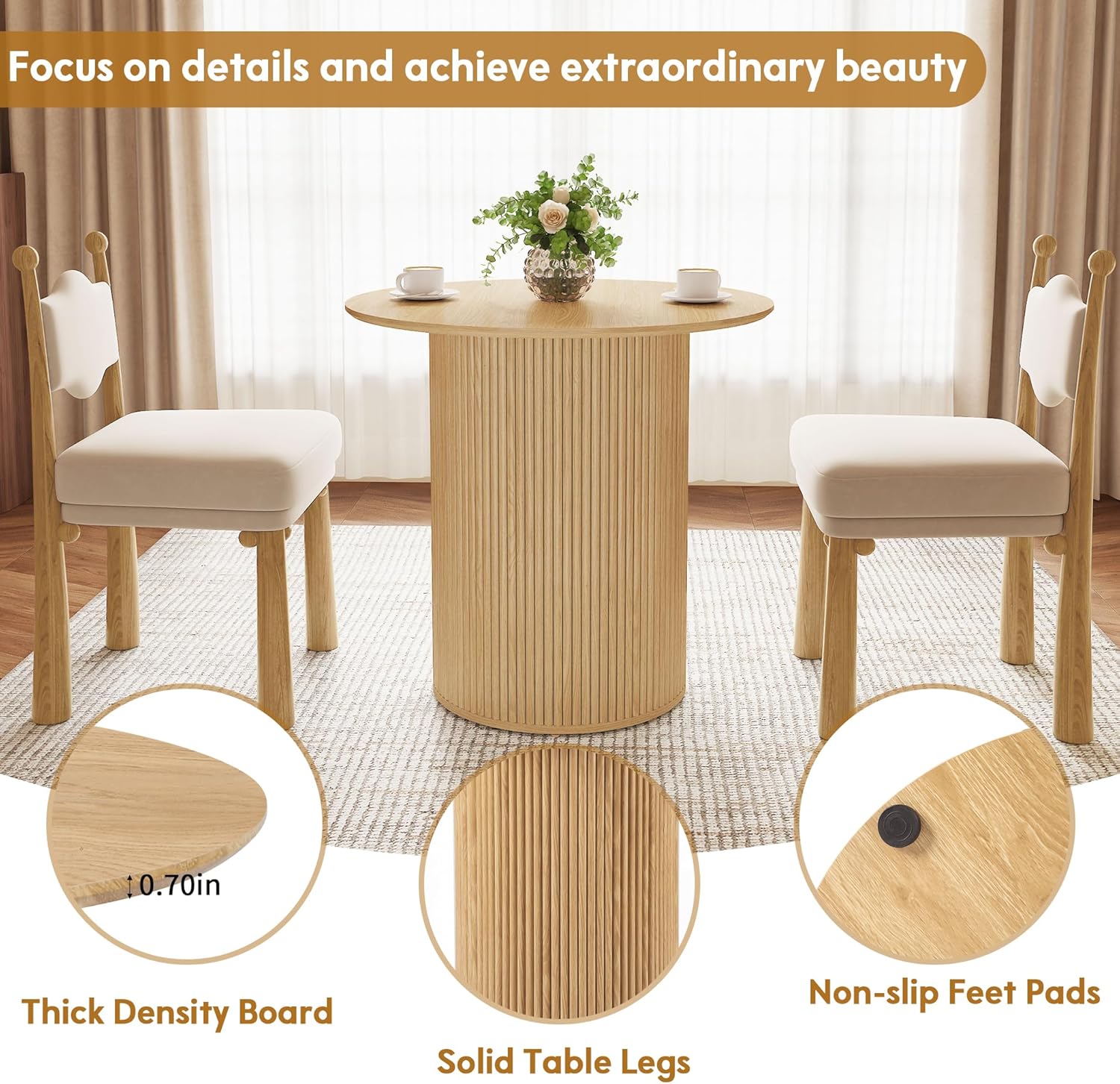 31.5" Small Round Dining Table for 2, Sturdy and Durable Natural Wood Dining Table Round with Fluted Base, Simple Setup Small Kitchen Table for Living Dining Room Office (Natural)