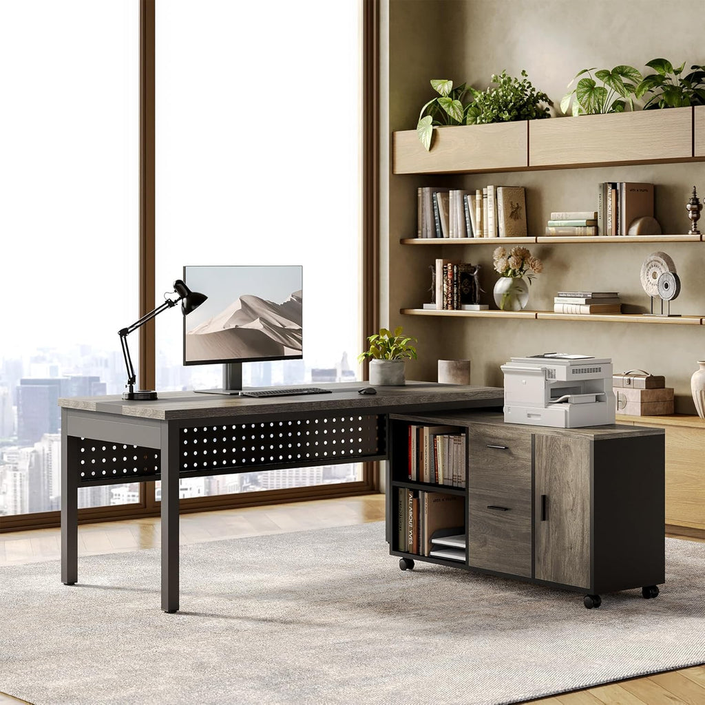 LITTLE TREE 70.8" Executive Desk with Lateral File Cabinet, Modern Thickened Wooden Workstation L-Shaped Computer Desk Large Home Office Writing Desk for Home Office