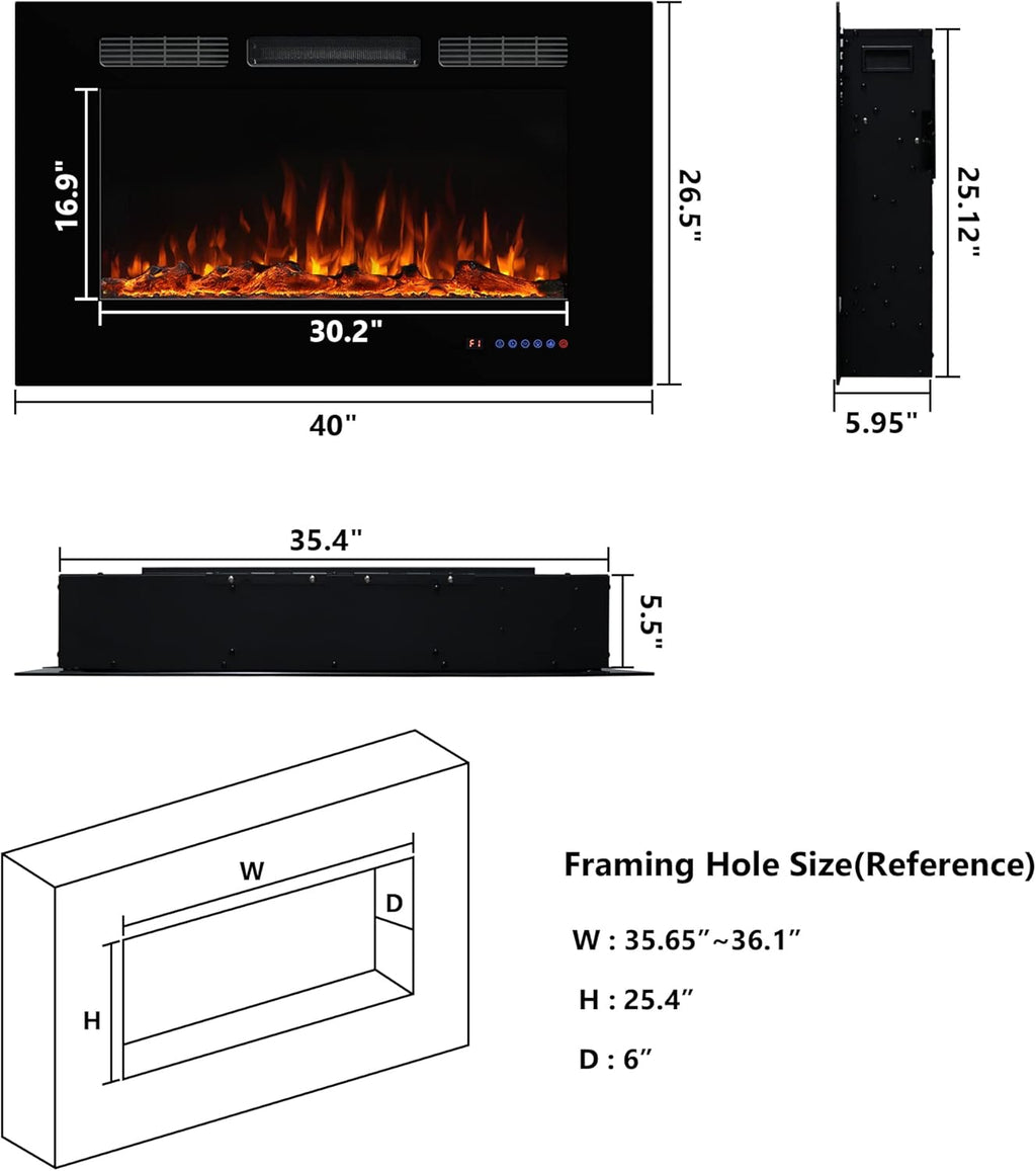 Electric Fireplace 40 inch Wide 26.5" High, Wall-Mounted & Recessed Fireplace Inserts, Multicolor Flame w/5 Dimmer, Remote Control Thermostat, Timer, Hardwire Connect, 1500W,Black