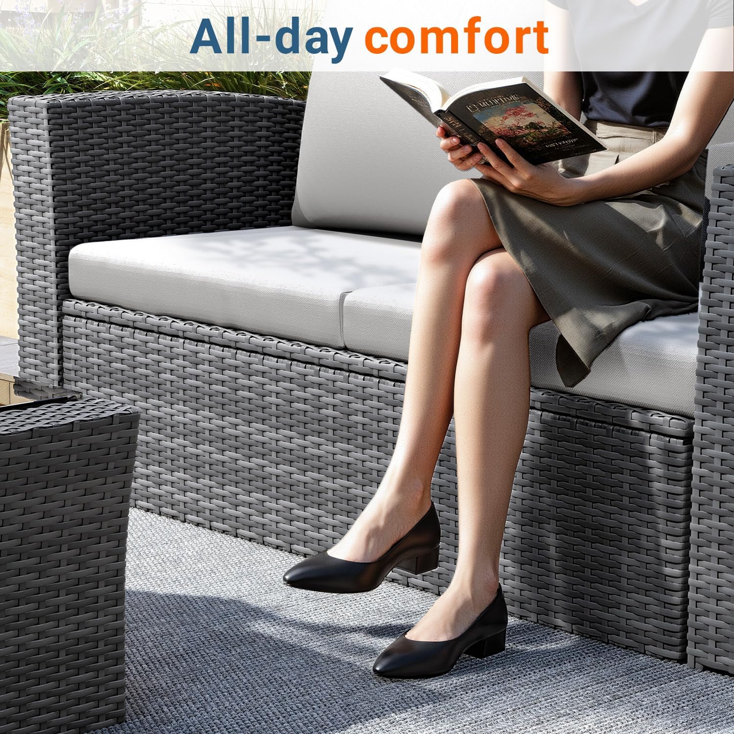 Wisteria Lane 4 Piece Patio Furniture Set  Wicker Outdoor Patio Conversation Furniture Set  All Weather Outdoor Patio Sofa with Cushion and Glass Table  Ash Gray