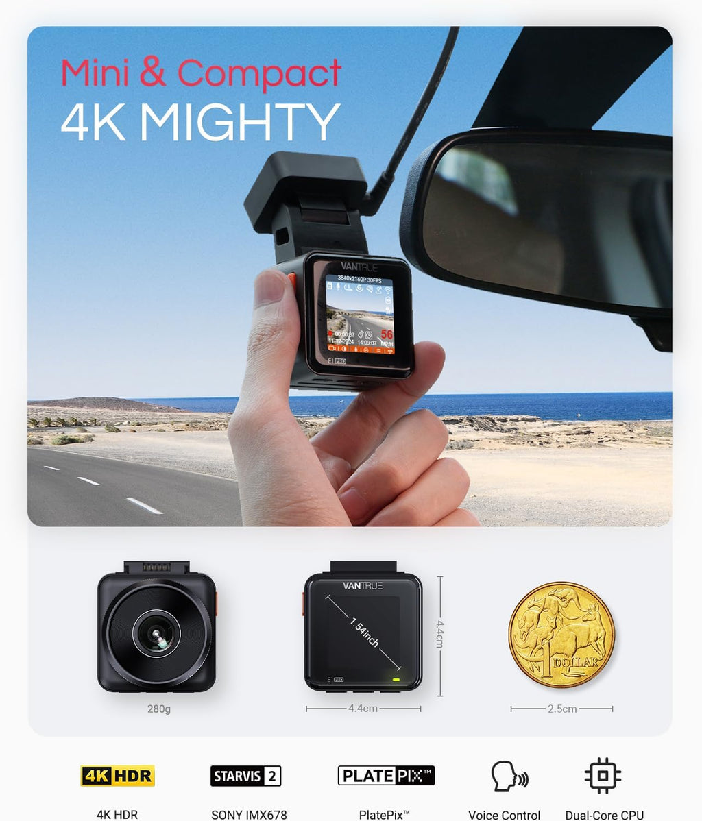 Vantrue E1 Pro 4K Mini Dash Cam Front  STARVIS 2 PlatePix HDR Night Vision Car Camera  Built-in 5G WiFi GPS  1.54'' IPS Screen  Voice Control  24/7 Buffered Parking Mode  Support 1TB Max