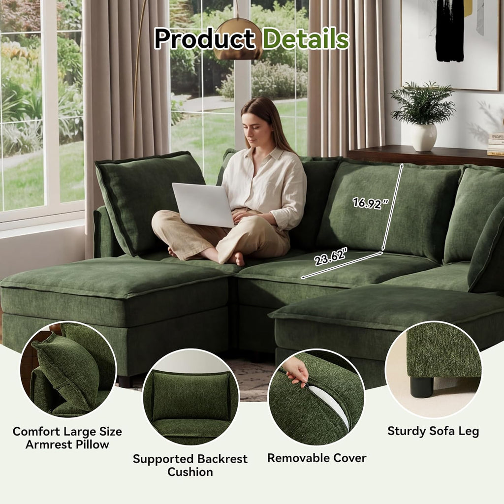 Ihanherry 97.2” Modular Sectional Sofa with Storage, U Shaped Modern Sofa for Living Room, 4-Seat Chenille Fabric Comfy Deep Seat Sofa with Movable Ottoman for Bedroom and Apartment, Green