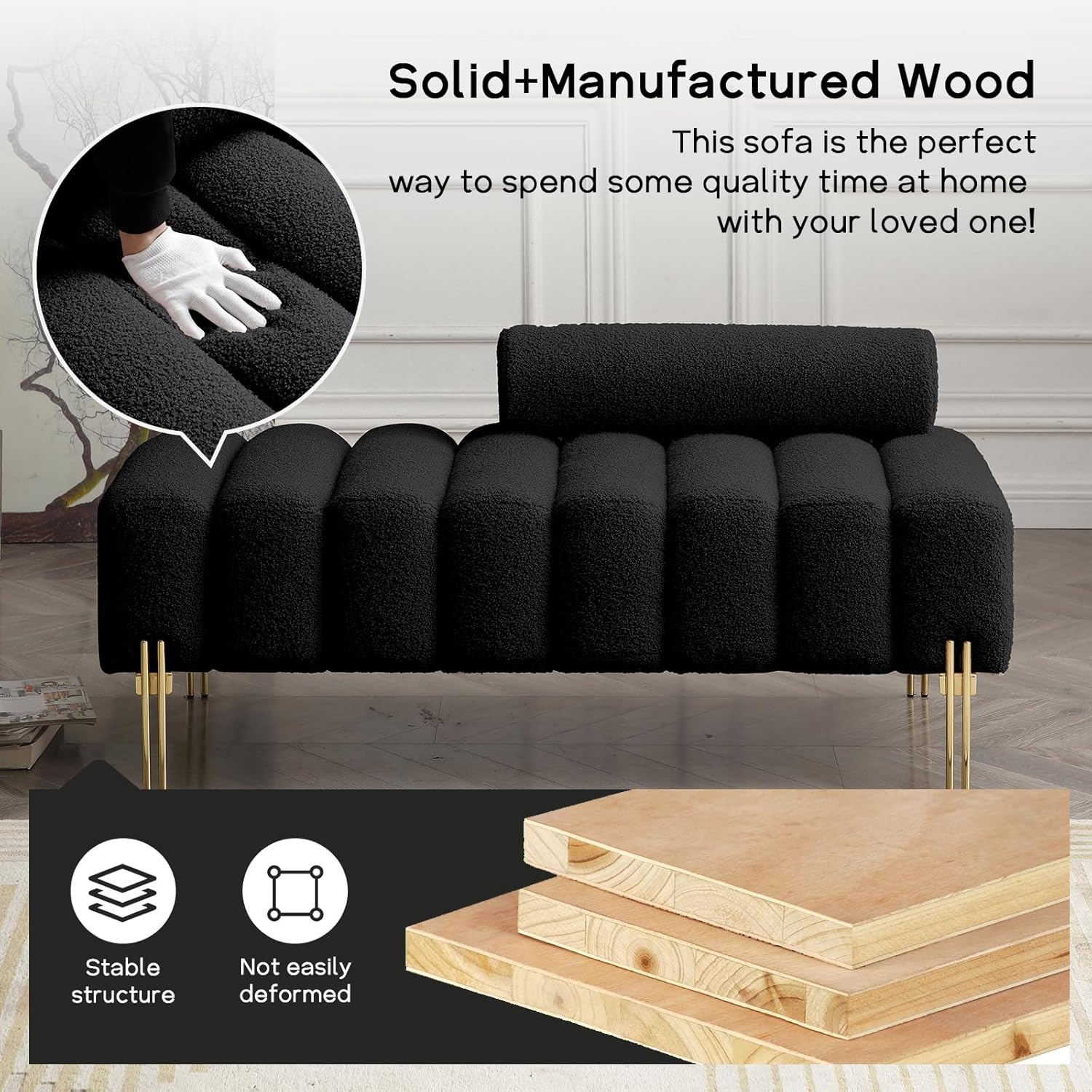 NIOIIKIT 53.2" Modern Loveseat Sofa Couch, Upholstered Accent Sofa with Golden Legs and Adjustable Backrest, Small Teddy Fleece Couches for Bedroom, Living Room, Compact Small Space (Black Teddy)