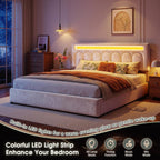 Velvet Upholstered King Size Bed Frame with 4 Storage Drawers, Vertical Arched LED Headboard, Sturdy Wood Slats Support, No Box Spring Needed, Beige
