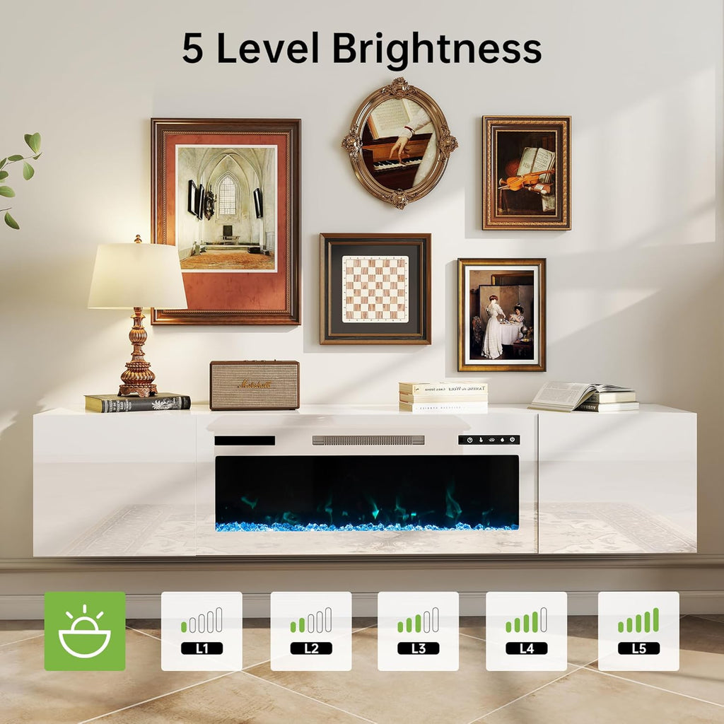 Real Relax 70" Floating TV Stand with 36" Electric Fireplace, Wall Mounted Entertainment Center with Storage, Remote Control, Modern LED Lights Fireplace TV Console for TVs Up to 80", All White
