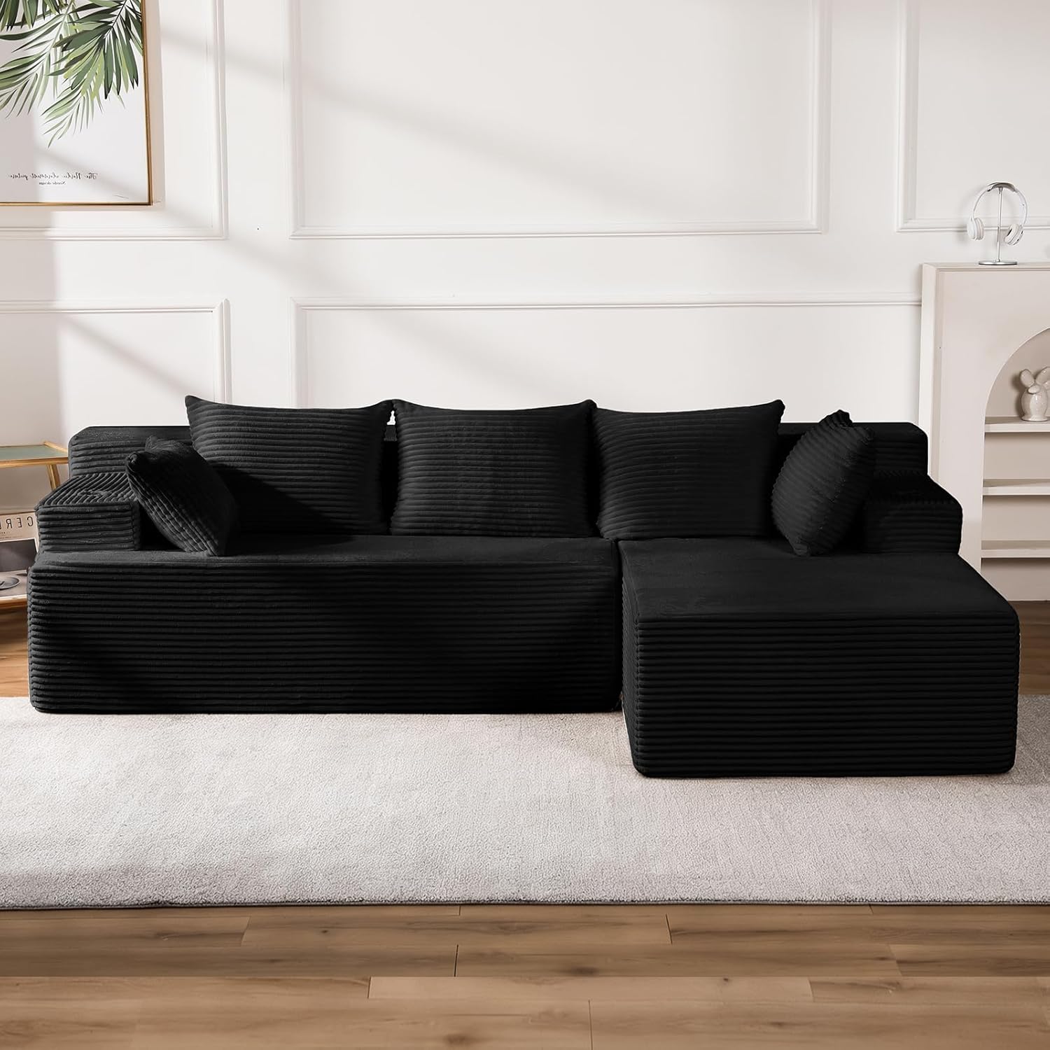 96.8" Boneless Couch Cloud Modular Sectional Sofa with L Shaped Chaise, Modern Corduroy Upholstered Deep Seat Couches Lounge with 5 Pillows for Living Room Bedroom(Black, Stripe, Right Facing Chaise)