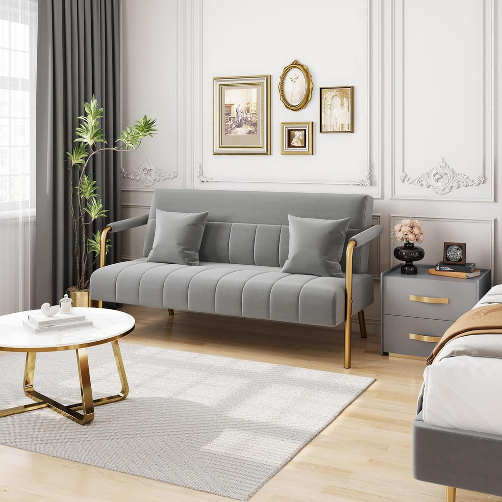 Yaheetech 56.5" W Modern Sofa Small Sofa Luxurious Velvet Fabric Couch with Gold-Tone Metal Arms and Legs for Living Room, Home Office, Studio Light Gray