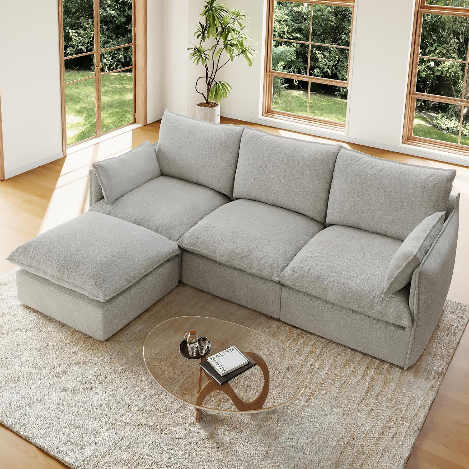 94.5" L Shape Cloud Modular Sectional,4 Seater Waterproof High Backrest Sectional Sofas,Down Filled Modular Couch with Removable Washable Cover for Living Room,Light Gray