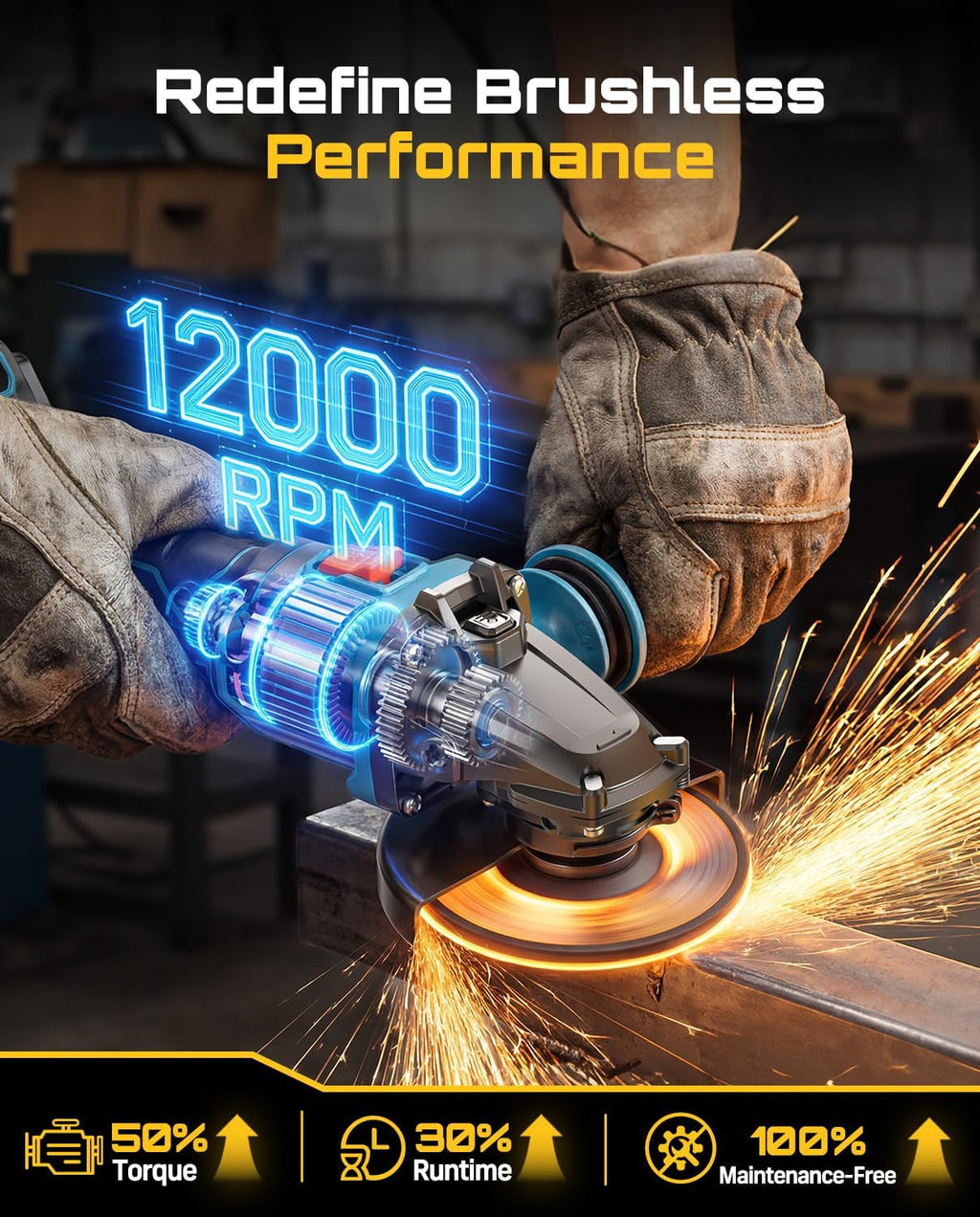 SEESII Flathead Brushless Angle Grinder, 21V Cordless Variable Speed Grinder Kit 5.0Ah Battery+Charger, 4-1/2 to 5" Cut Off Tool, 6-Speed, 20ms Brake+Drop Protection for Metal Cutting, Auto Body, DIY