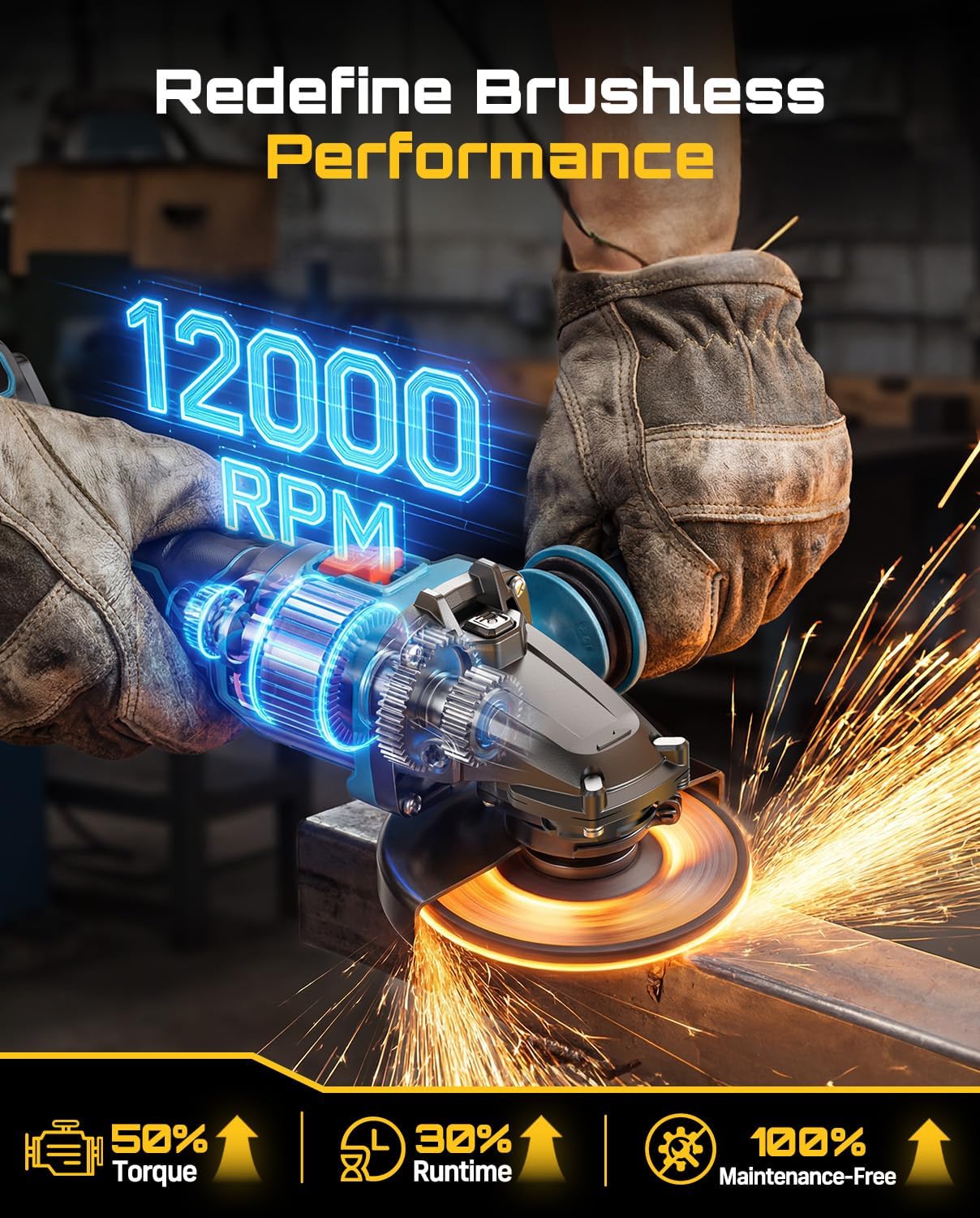 SEESII Flathead Brushless Angle Grinder, 21V Cordless Variable Speed Grinder Kit 5.0Ah Battery+Charger, 4-1/2 to 5" Cut Off Tool, 6-Speed, 20ms Brake+Drop Protection for Metal Cutting, Auto Body, DIY