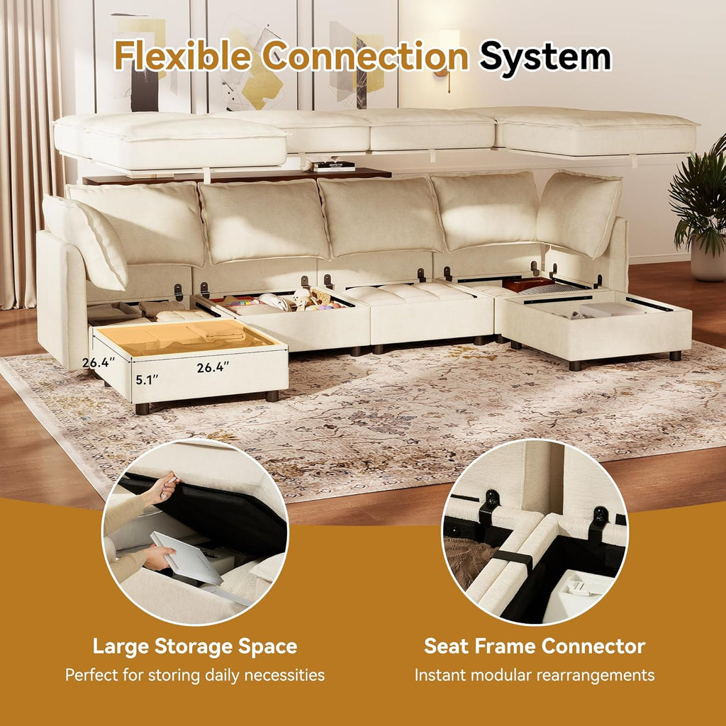 Ihanherry 129.6” Modular Sectional Sofa with Storage, U Shaped Couch for Living Room, 6-Seat Chenille Deep Seat Sofa with Movable Ottoman, Convertible Couches for Bedroom and Apartment .Beige