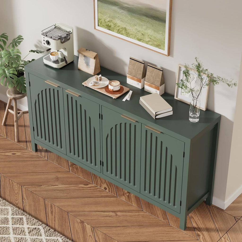 Fluted Sideboard Buffet Cabinet with Storage, 58" Mid Century Modern Accent Cabinet with Arch Doors, Large Wood Media TV Console Table Credenza for Dining Room, Kitchen, Living Room Entryway, Green