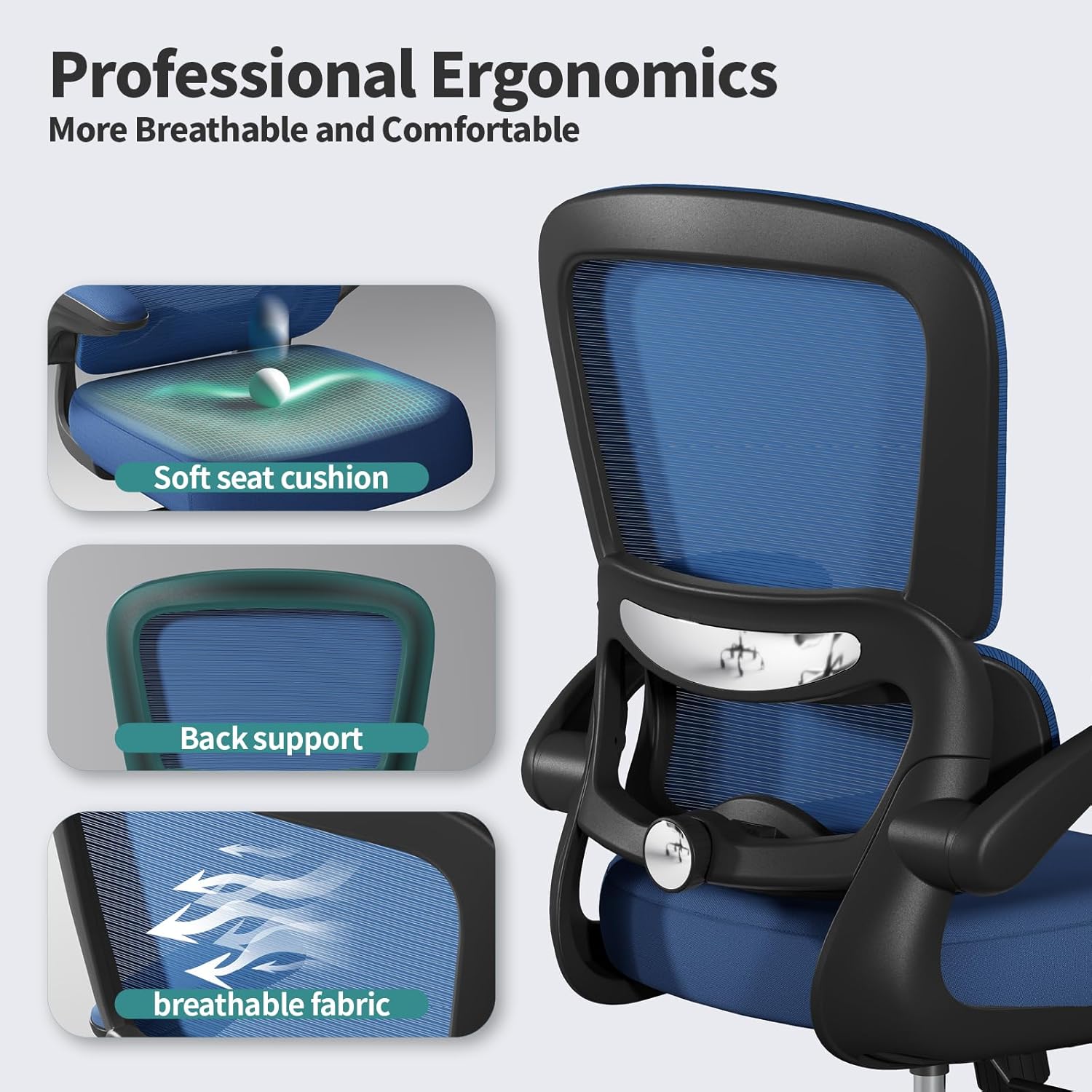 TRALT Office Chair - Ergonomic Desk Chair with Adjustable Lumbar Support, Mesh Computer Chair, Executive Chairs for Home Office Comfortable Lumbar Support (Deep Blue)