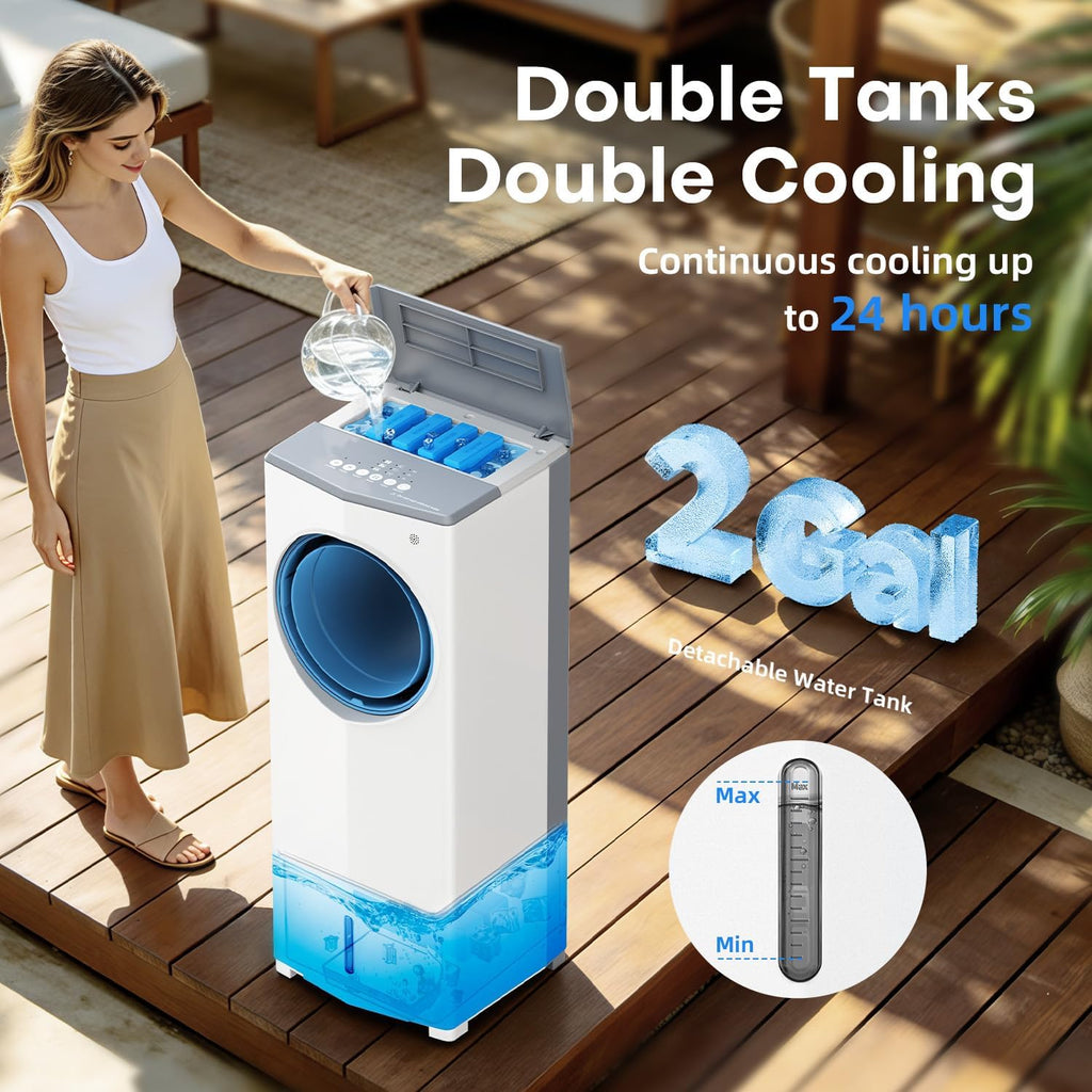 Windowless Portable Air Conditioner, 30" Evaporative Air Cooler w/Dual Tanks for 24H Cooling, 4 Modes & 3 Speeds, 28FT Remote&Timer, 360° Rotation Swamp Cooler Air Conditioner for Bedroom