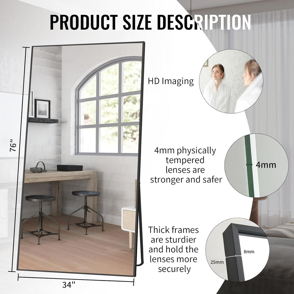 Beauty4U 76" x 34" Large Full Length Mirror with Stand, Black Wall Mounting Full Body Tempered Mirror for Living Room, Bedroom