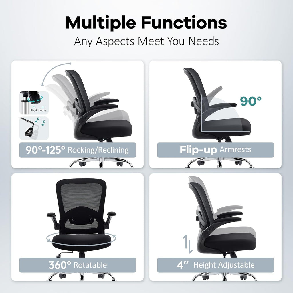 Office Chair,Ergonomic Mesh Desk Chair with Adjustable Lumbar Support,Computer Chair with Flip-up Armrests, Rolling Executive Chairs, Home Office Chair(Black)