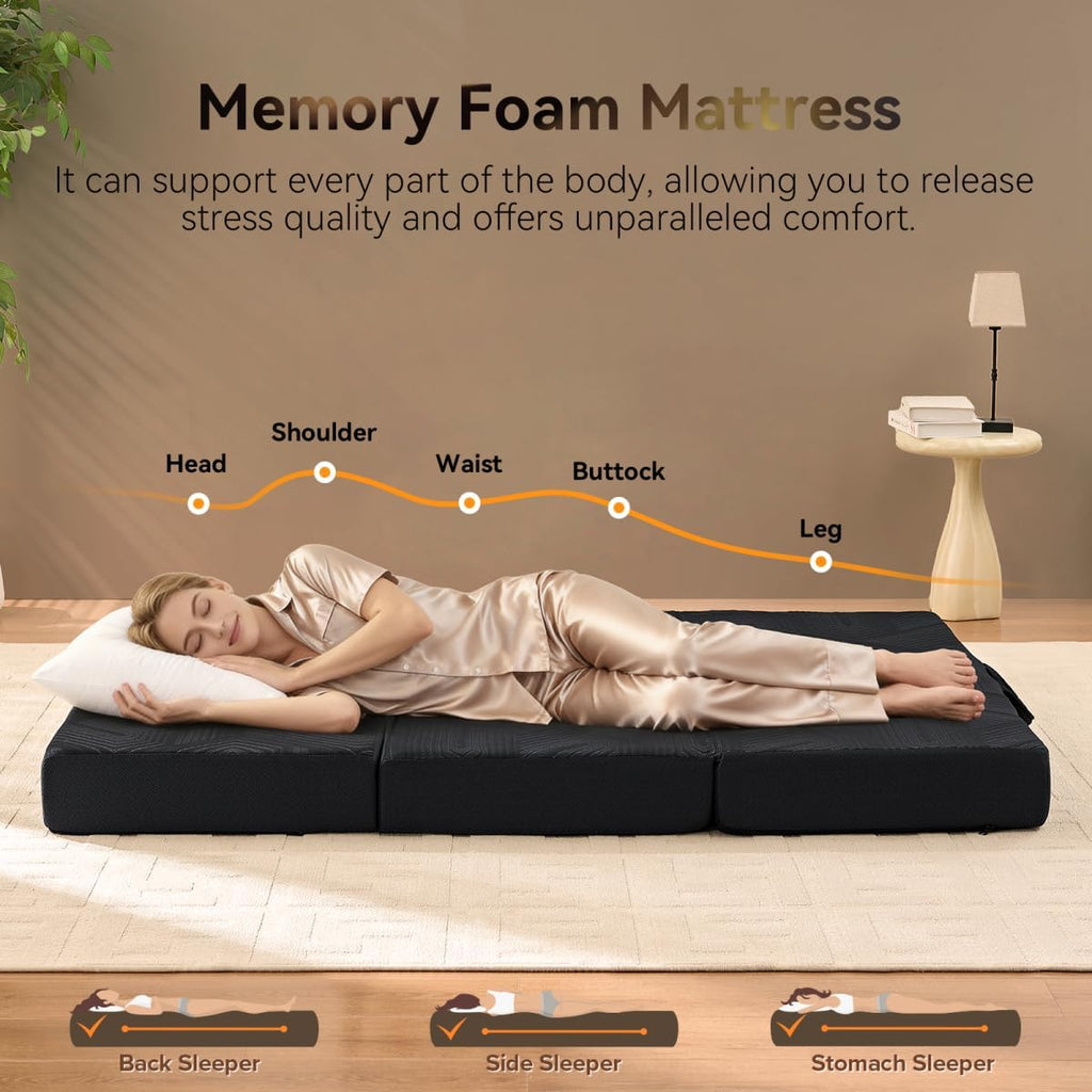 Trifold Mattress, 6 Inch Memory Foam Tri-Fold Mattress Queen Size, Foldable Sofa Bed with Washable Cover, Handles and Non-Slip Bottom for Yoga, Living Room, Camping, 78"x 58" x 6", Black