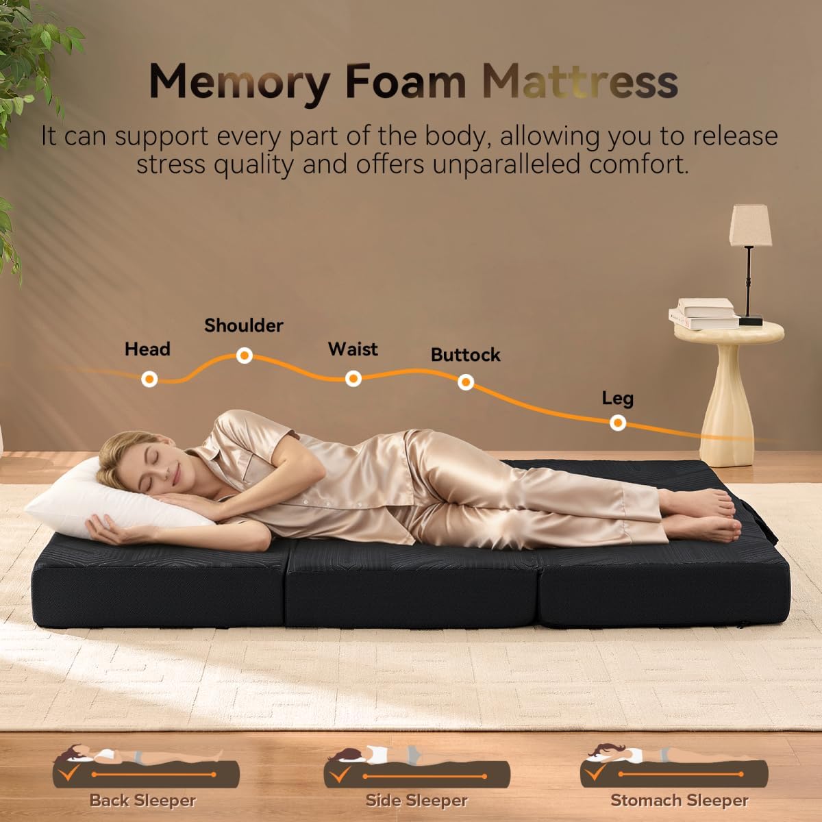 Trifold Mattress, 6 Inch Memory Foam Tri-Fold Mattress Queen Size, Foldable Sofa Bed with Washable Cover, Handles and Non-Slip Bottom for Yoga, Living Room, Camping, 78"x 58" x 6", Black