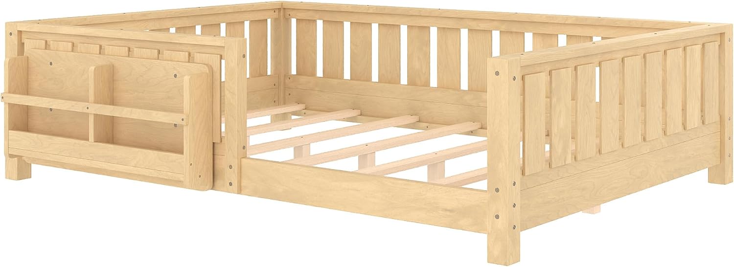 Bellemave Light Natural Montessori Floor Bed with Fence and Slats, Full Size Montessori Floor Bed with Bookcase and High Rails, Easy Assemble Bed Frame for Girls, Boys, Full