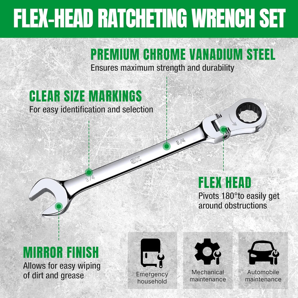 SK Flex-Head Ratcheting Wrench Set, Combination Wrench Set, 8-Piece, SAE 5/16" to 3/4", 72-Tooth, Premium CR-V Construction, with Rack Organizer