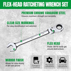 SK Flex-Head Ratcheting Wrench Set, Combination Wrench Set, 8-Piece, SAE 5/16" to 3/4", 72-Tooth, Premium CR-V Construction, with Rack Organizer