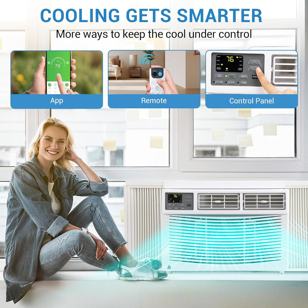 8000 BTU Smart WiFi Window Air Conditioner, Cools Up to 350 Sq. ft., Energy Saving AC Unit with Remote Control, App & Voice Control, 24H Timer, Quiet Operation for Living Room, Office