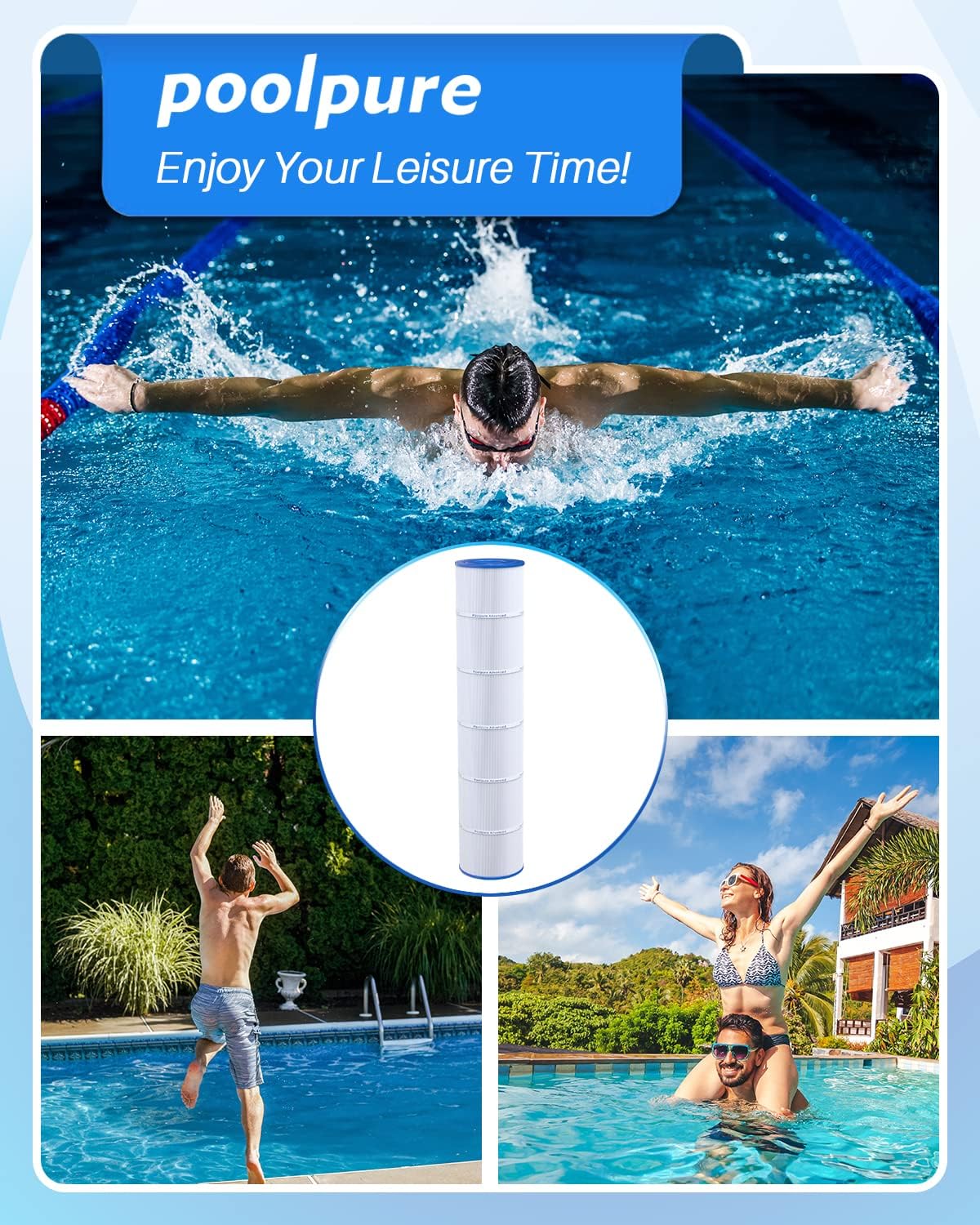 POOLPURE PLFPCC130 Pool Filter Replaces Pentair CCP520  R173578  PCC130  Ultral-A7  Unicel C-7472  Filbur FC-1978  FC-6475  Pentair Clean and Clear Plus 520  817-0131  178585  L x OD: 32 1/16"x7"