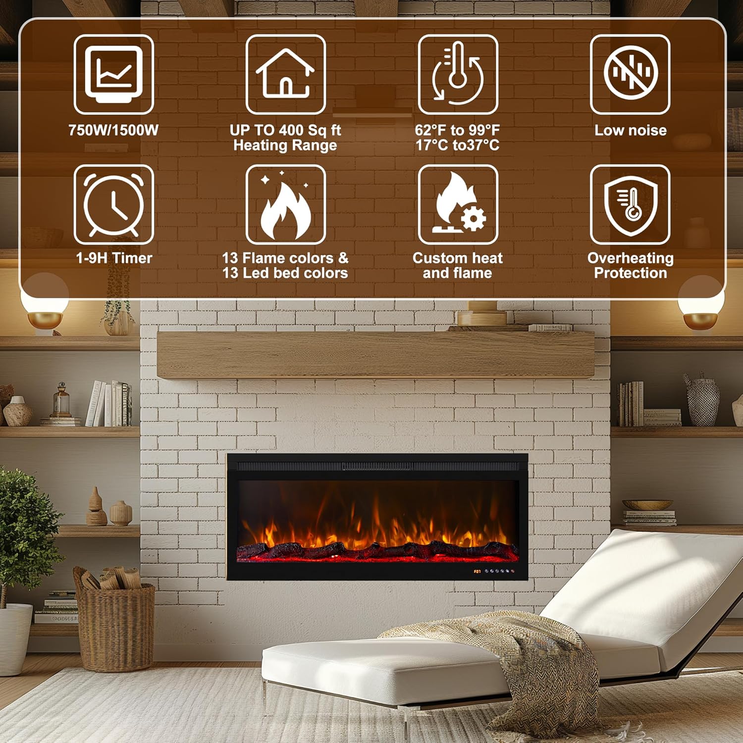Linear Smart WiFi Electric Fireplace 72 Inch, APP & Touch Screen & Remote Control, 169 Realistic Flame Color Combinations, Timer & Thermostat Fireplace Heater,1500W